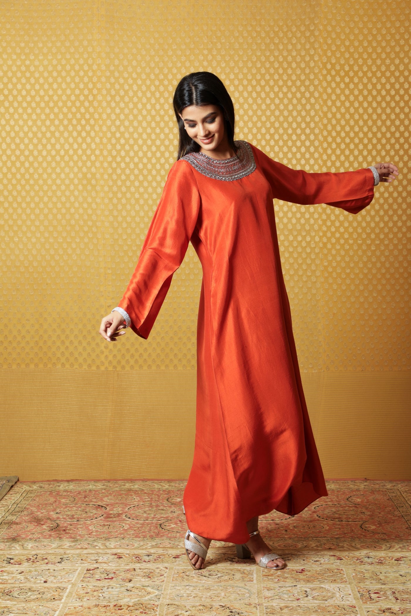 Burnt-Orange Hand-Embroidered Pure Raw Silk Long Dress