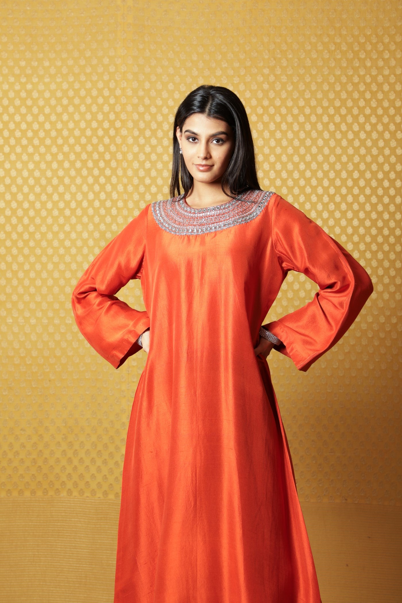 Burnt-Orange Hand-Embroidered Pure Raw Silk Long Dress