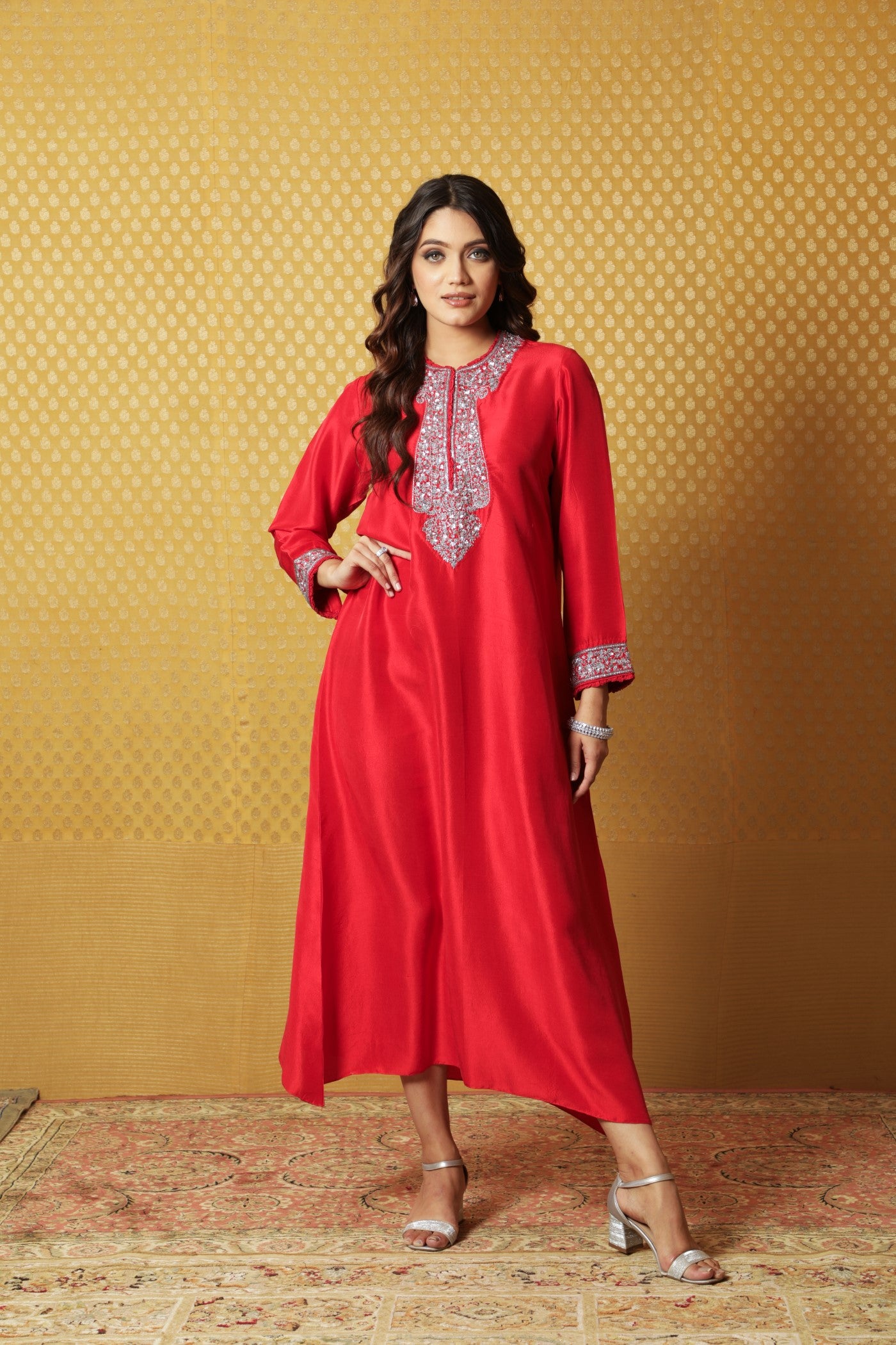 Tomato-Red Hand-Embroidered Pure Raw Silk Long Dress