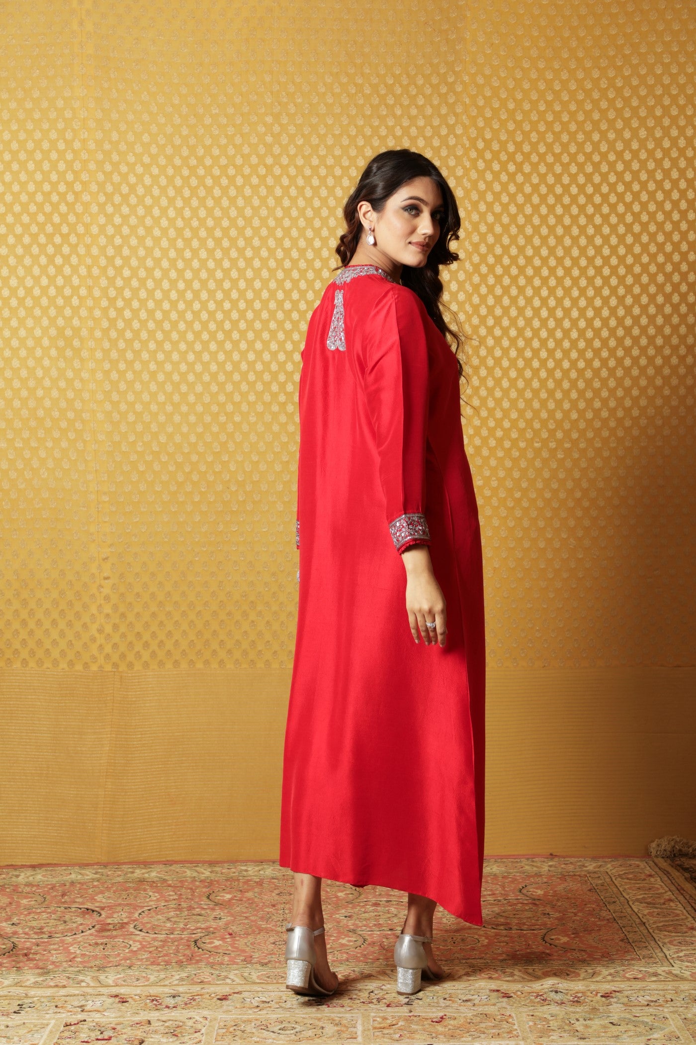 Tomato-Red Hand-Embroidered Pure Raw Silk Long Dress