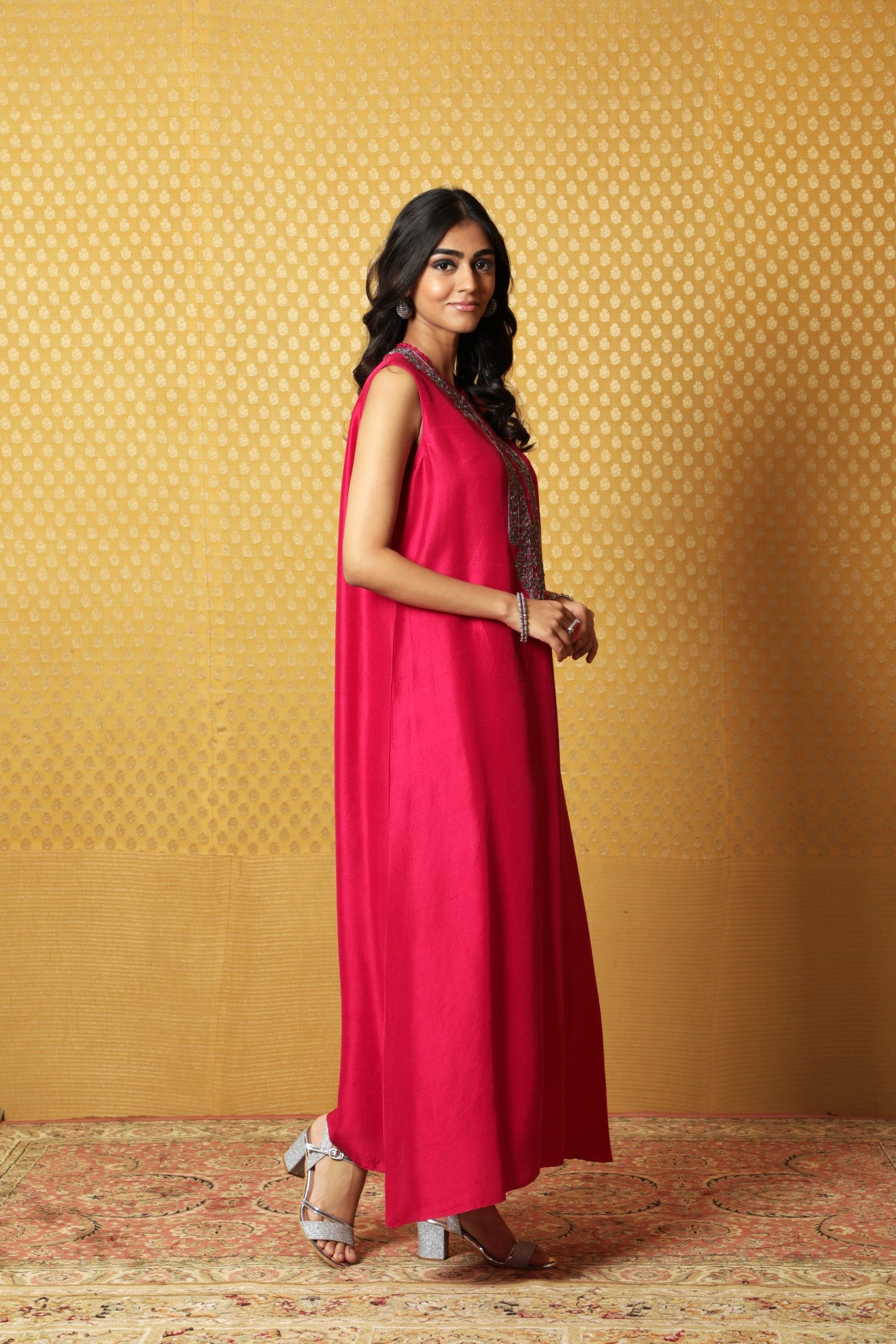 Rani-Pink Hand-Embroidered Pure Raw Silk Sleeveless Long Dress