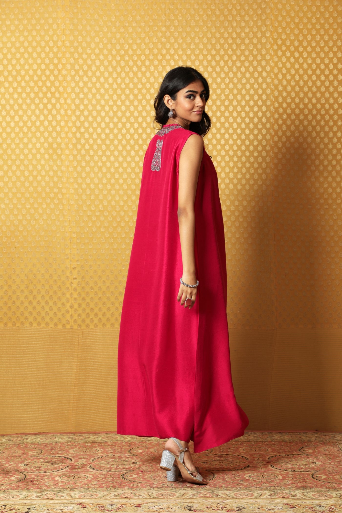 Rani-Pink Hand-Embroidered Pure Raw Silk Sleeveless Long Dress