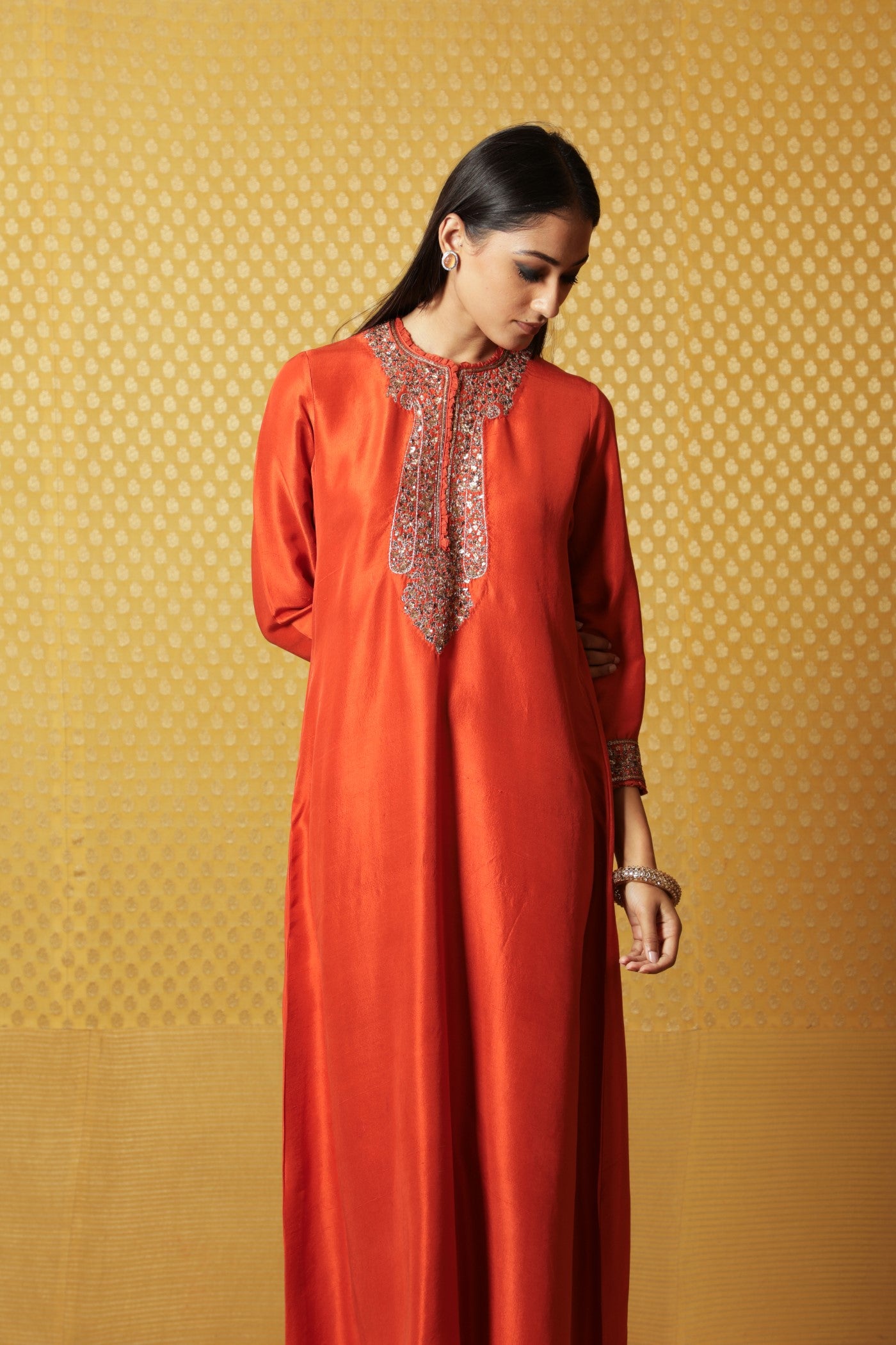 Burnt-Orange Hand-Embroidered Pure Raw Silk Long Dress