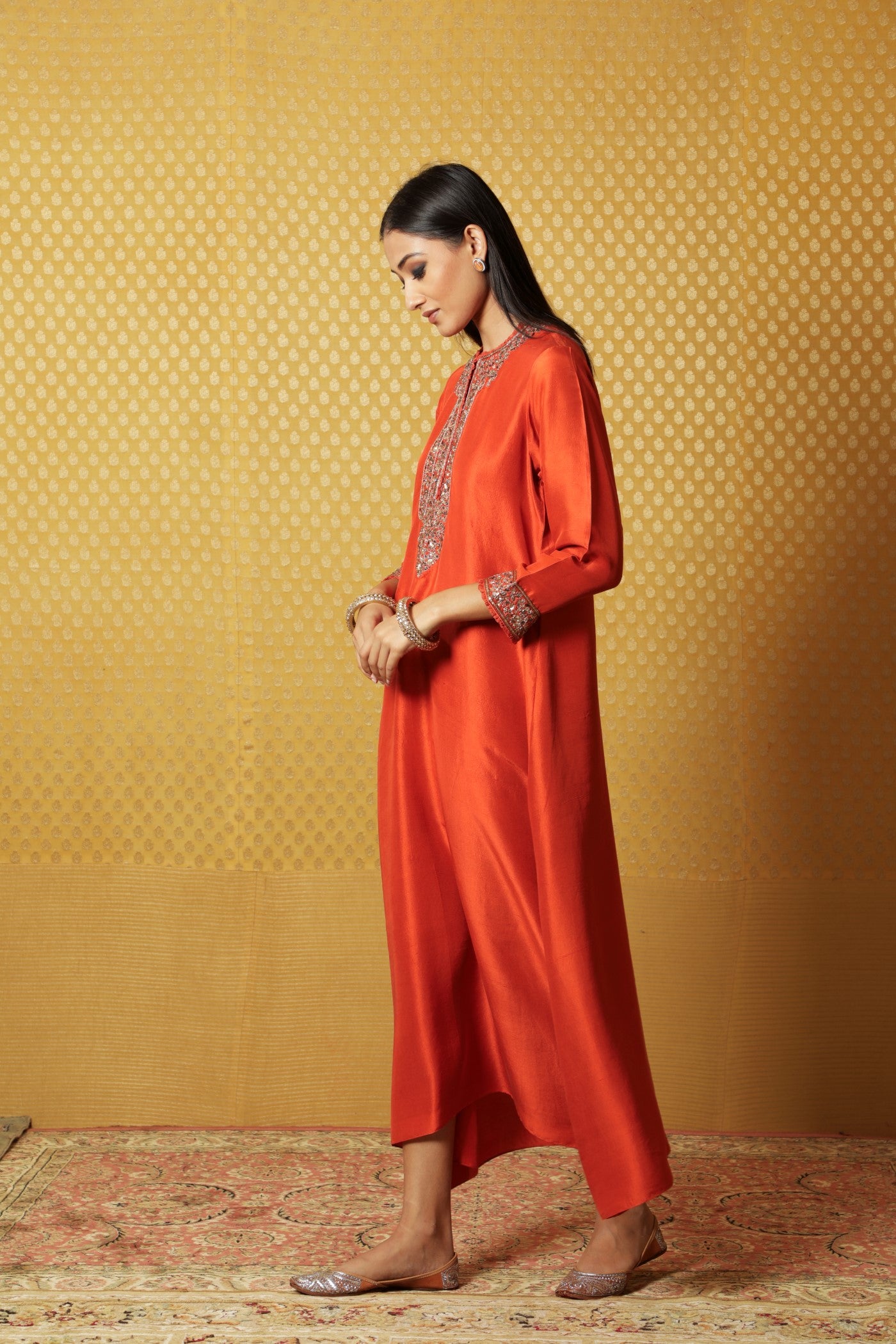 Burnt-Orange Hand-Embroidered Pure Raw Silk Long Dress