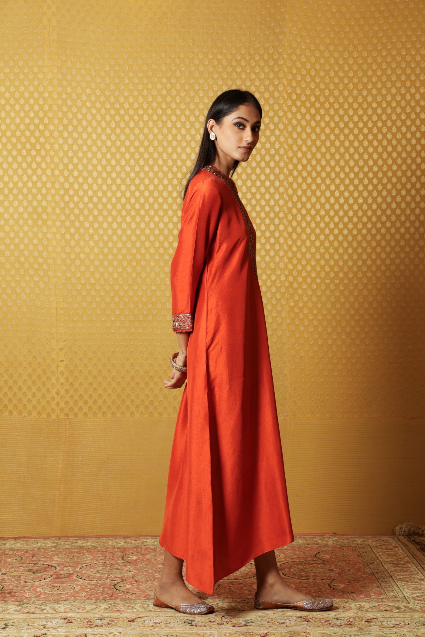 Burnt-Orange Hand-Embroidered Pure Raw Silk Long Dress