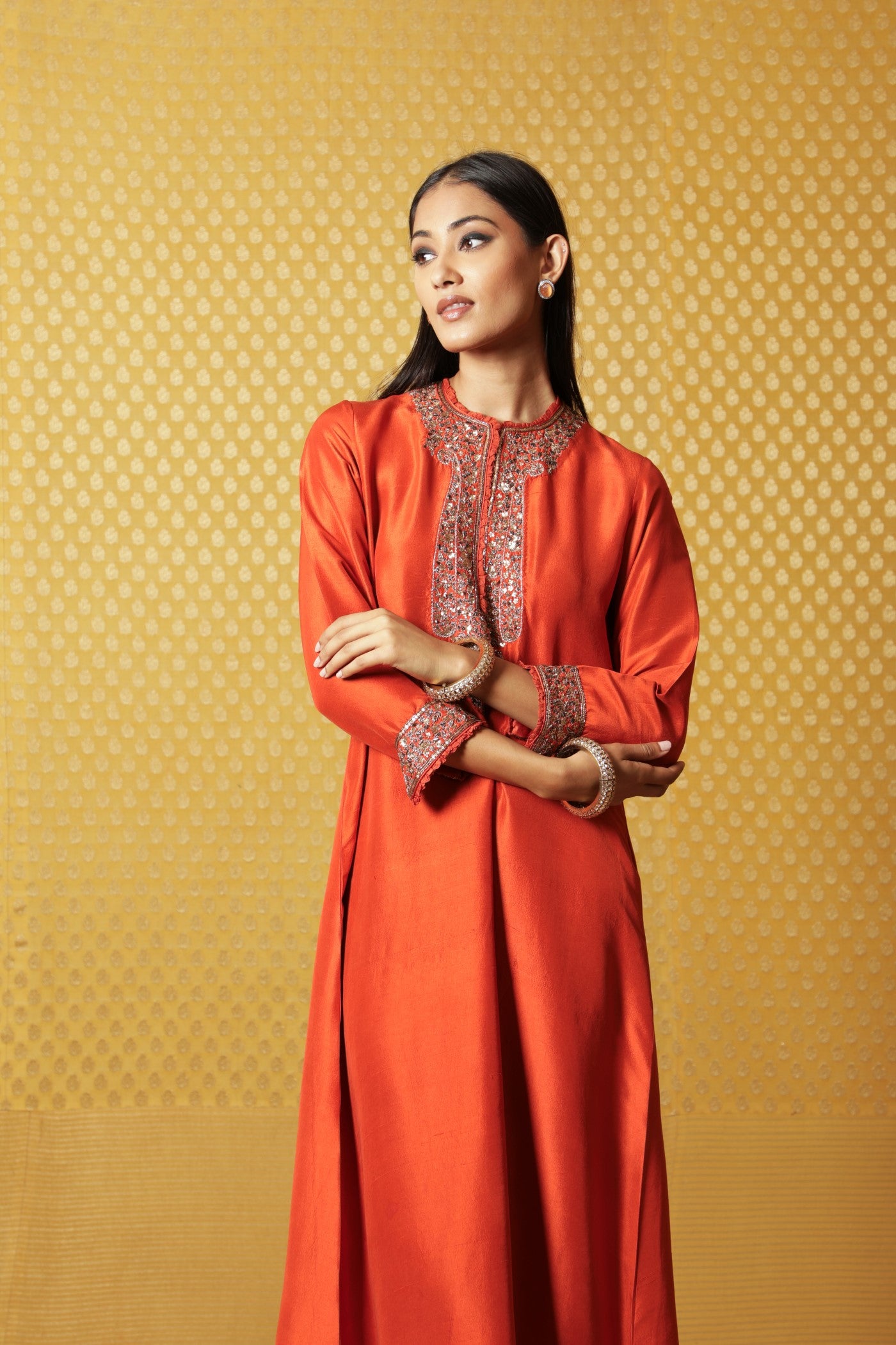 Burnt-Orange Hand-Embroidered Pure Raw Silk Long Dress