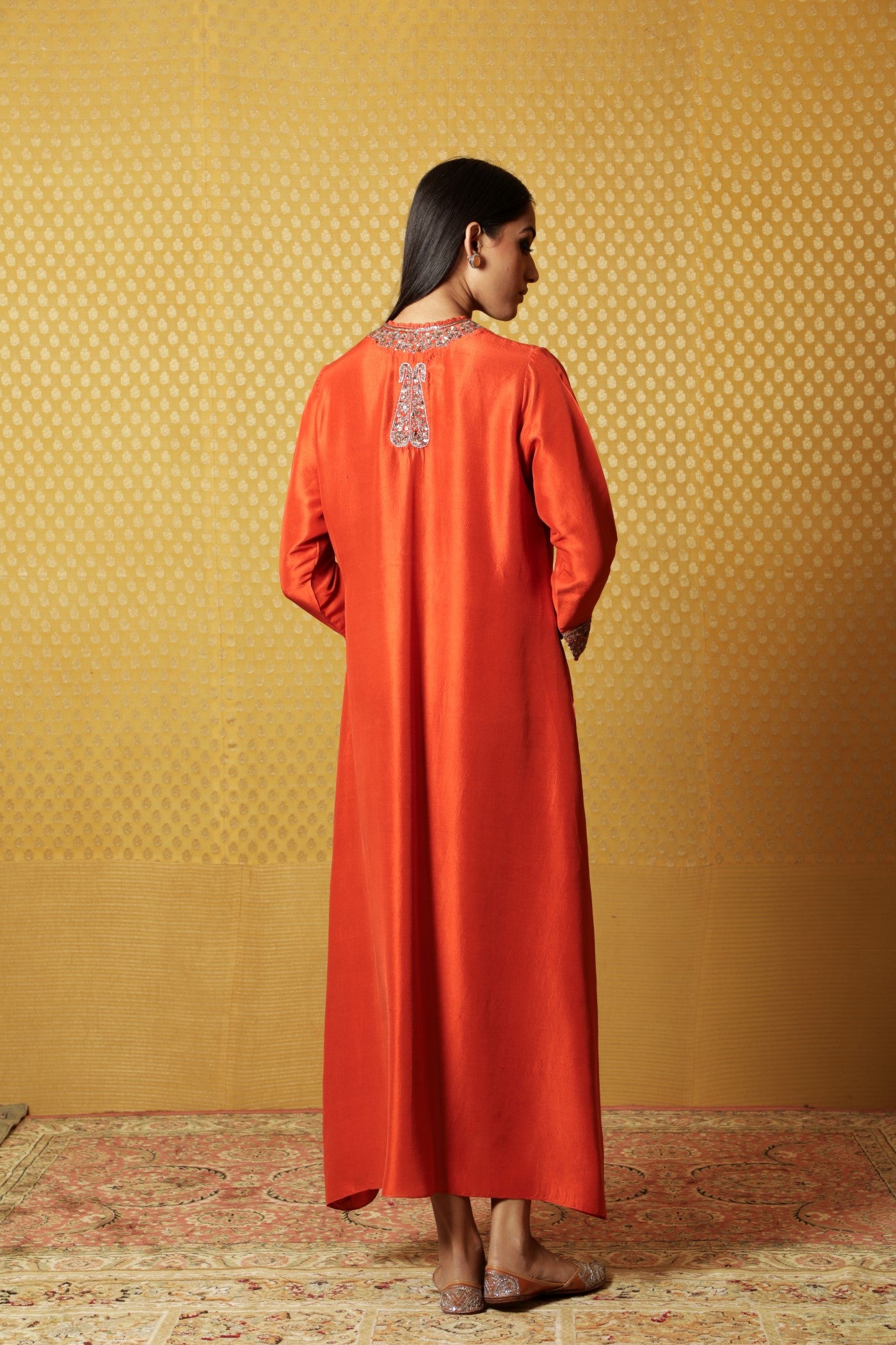 Burnt-Orange Hand-Embroidered Pure Raw Silk Long Dress