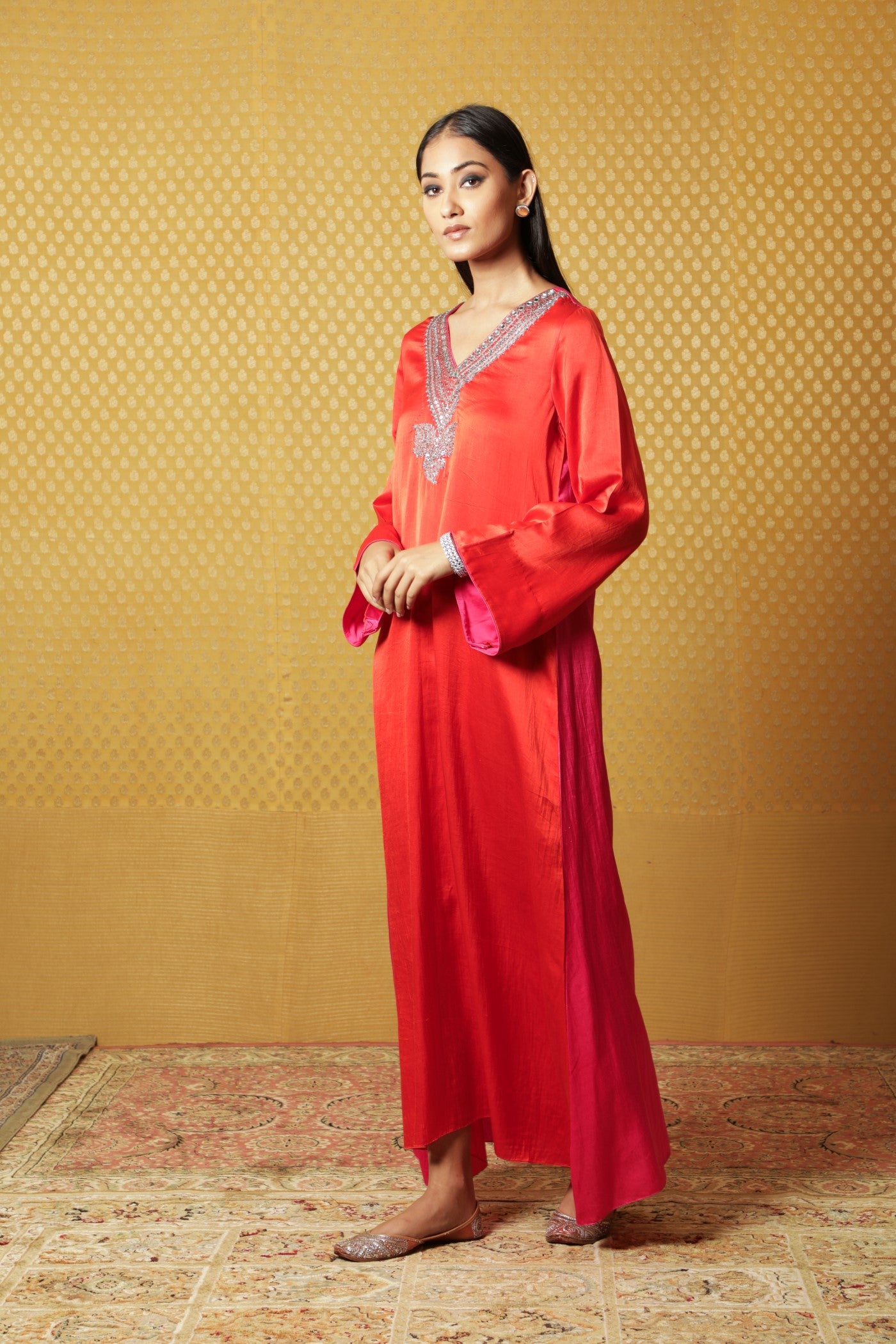Orange & Pink Hand-Embroidered Handloom Pure Mashru Long Dress