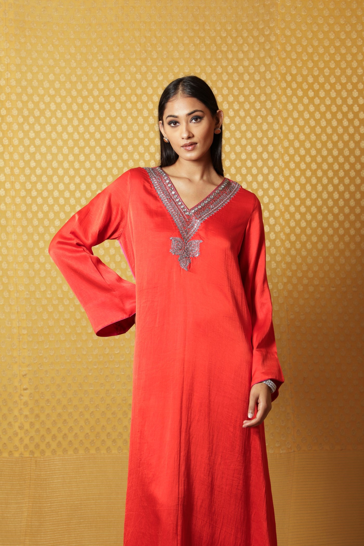 Orange & Pink Hand-Embroidered Handloom Pure Mashru Long Dress