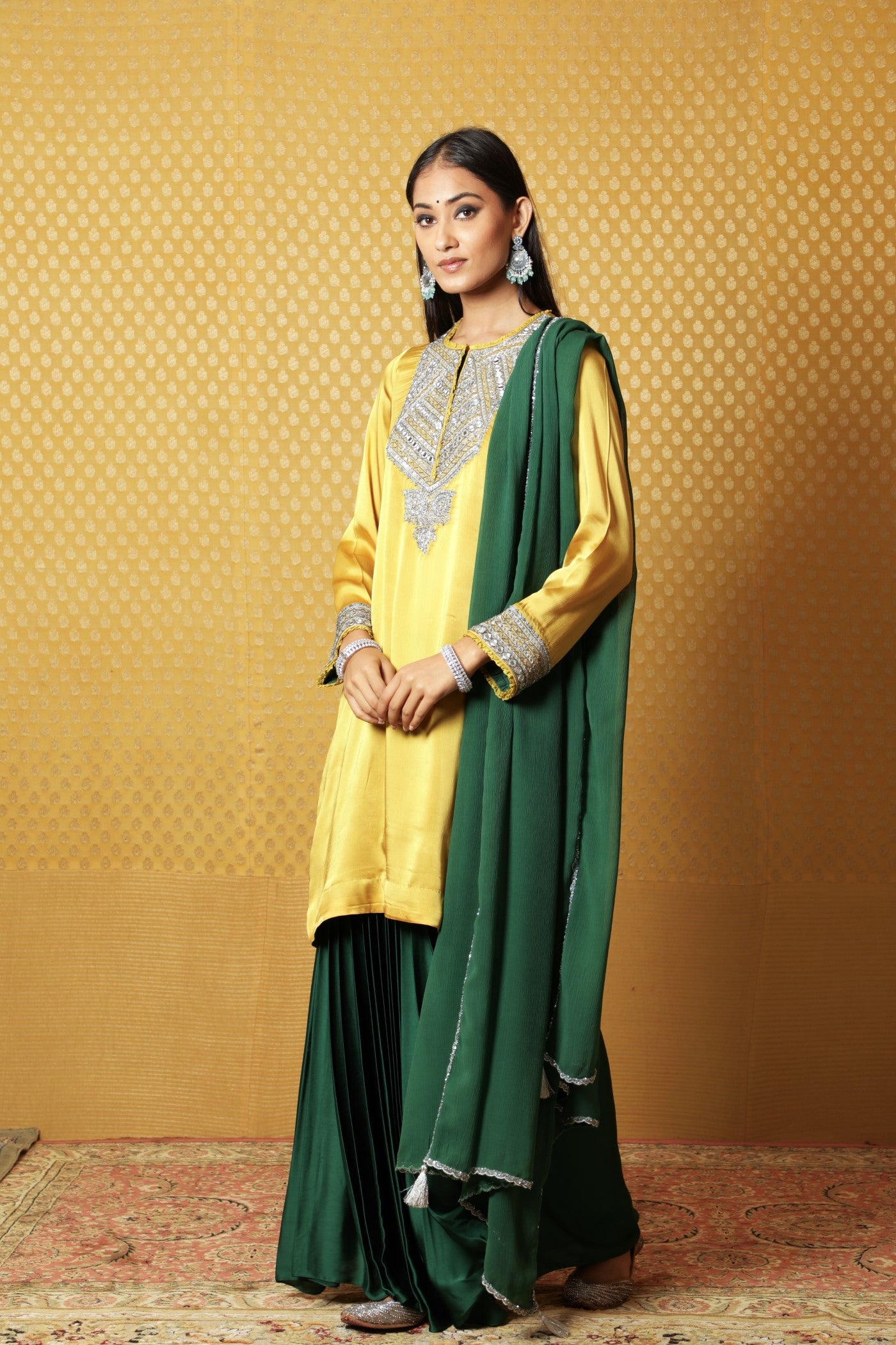 Mustard Hand-Embroidered Satin Kurta Paired With Green Dupatta & Green Draped-Skirt