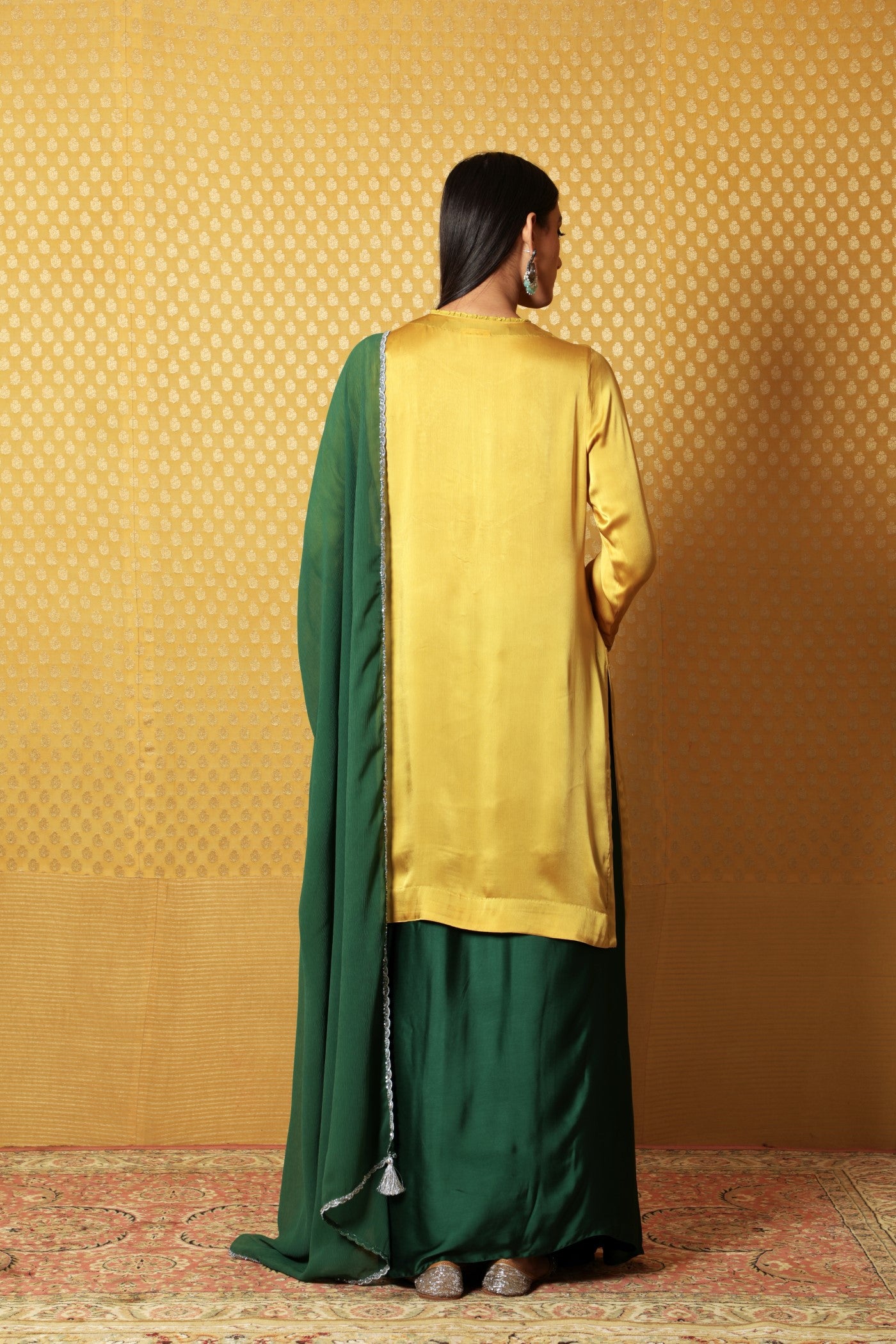 Mustard Hand-Embroidered Satin Kurta Paired With Green Dupatta & Green Draped-Skirt