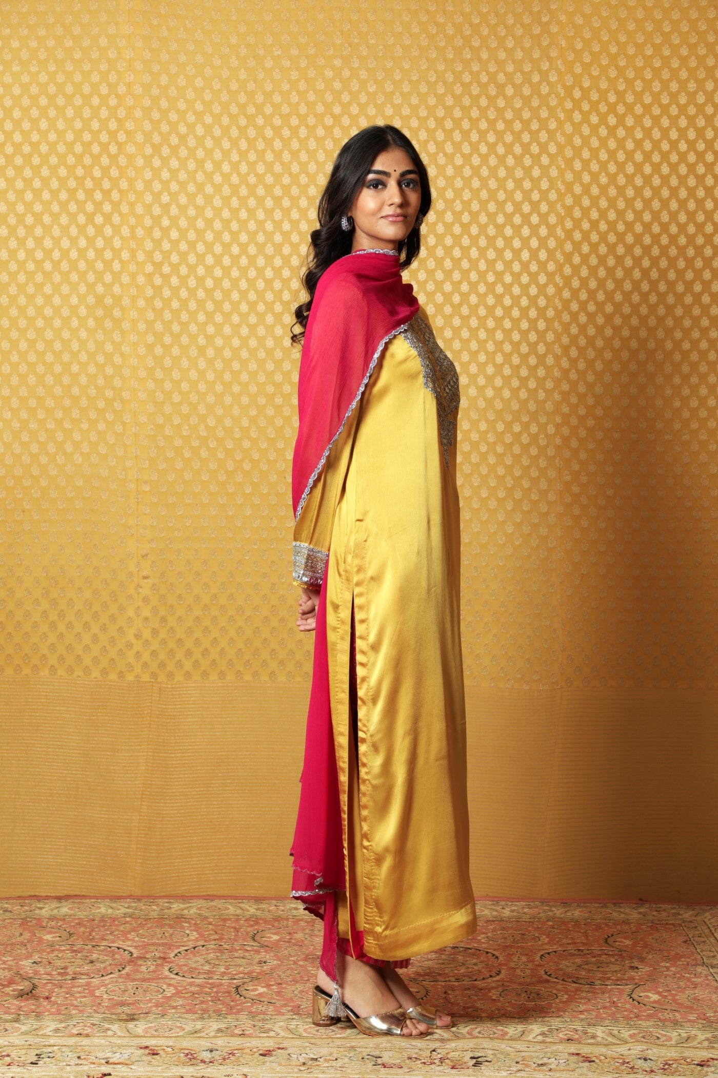 Mustard Hand-Embroidered Satin Kurta Paired With Pink Dupatta And Pink Pants