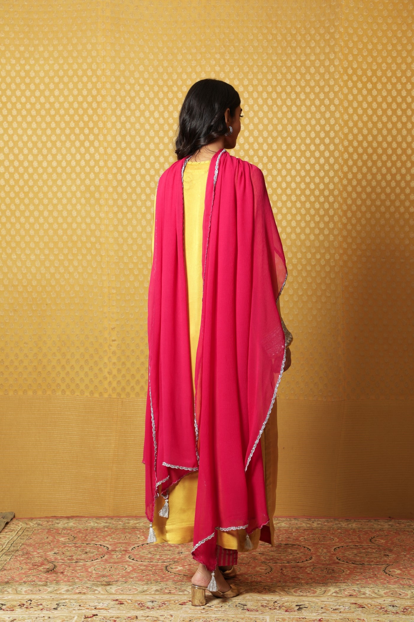 Mustard Hand-Embroidered Satin Kurta Paired With Pink Dupatta And Pink Pants