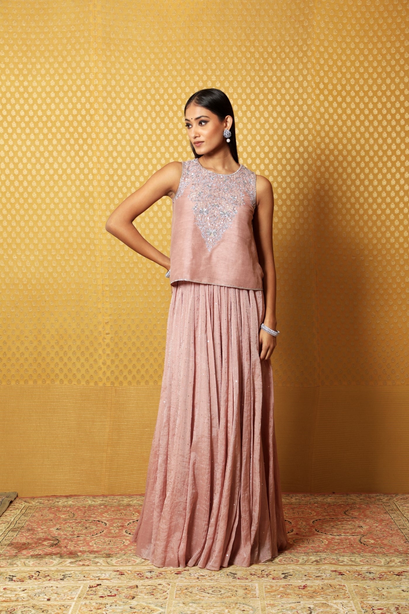 Hand-Embroidered Dusty-Pink Pure Silk- Linen Sleeveless Short Tunic Paired With Pure Silk-Cotton (Metallic) Skirt