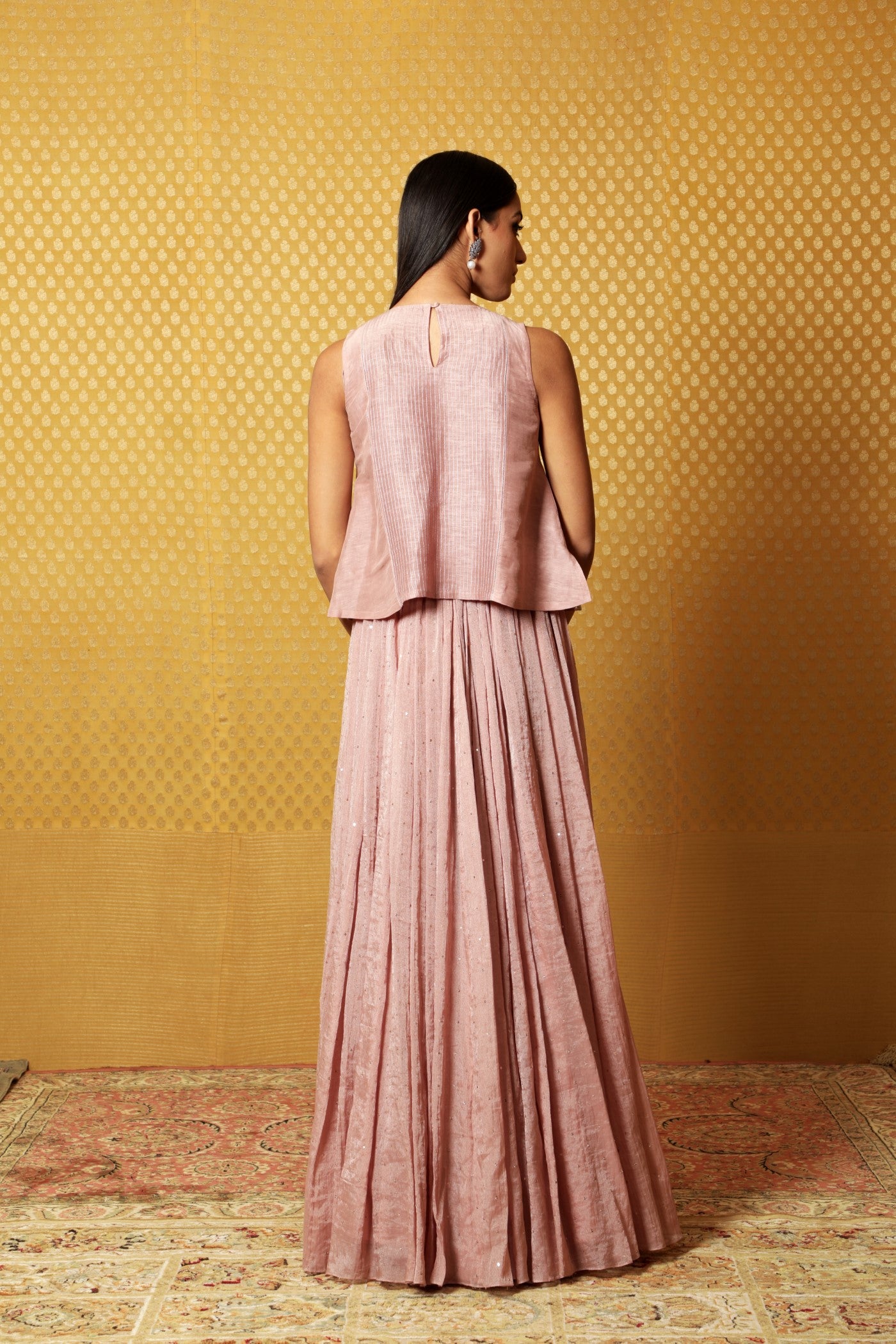 Hand-Embroidered Dusty-Pink Pure Silk- Linen Sleeveless Short Tunic Paired With Pure Silk-Cotton (Metallic) Skirt