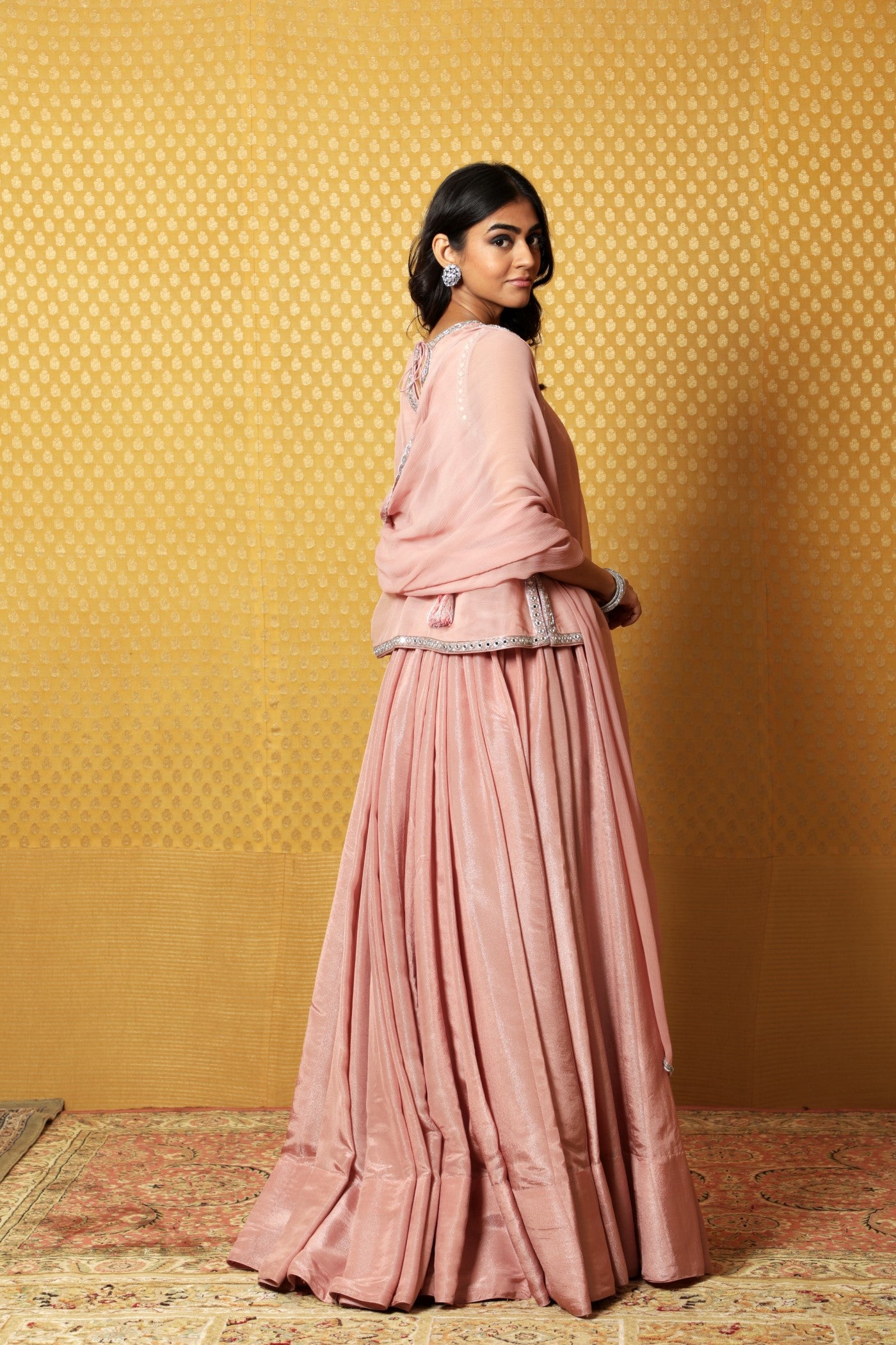 Hand-Embroidered Dusty-Pink Metallic Georgette Lehenga-Kurti-Dupatta Set