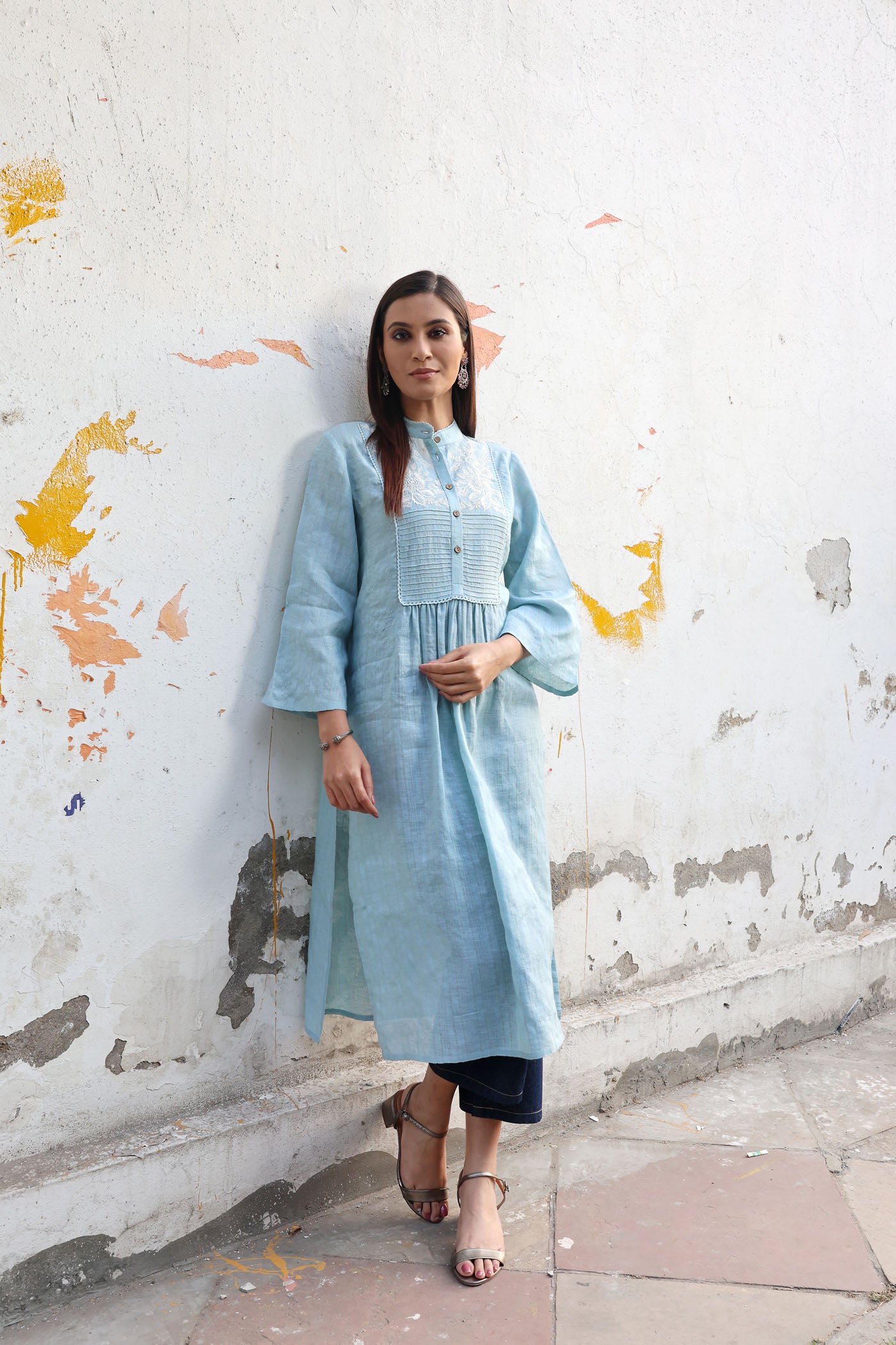 Dusty-Blue Pure Linen (With Metallic Checks & Stripes) Band-Collared With A Pintucked & Embroidered Yoke Kurta-Pants Set