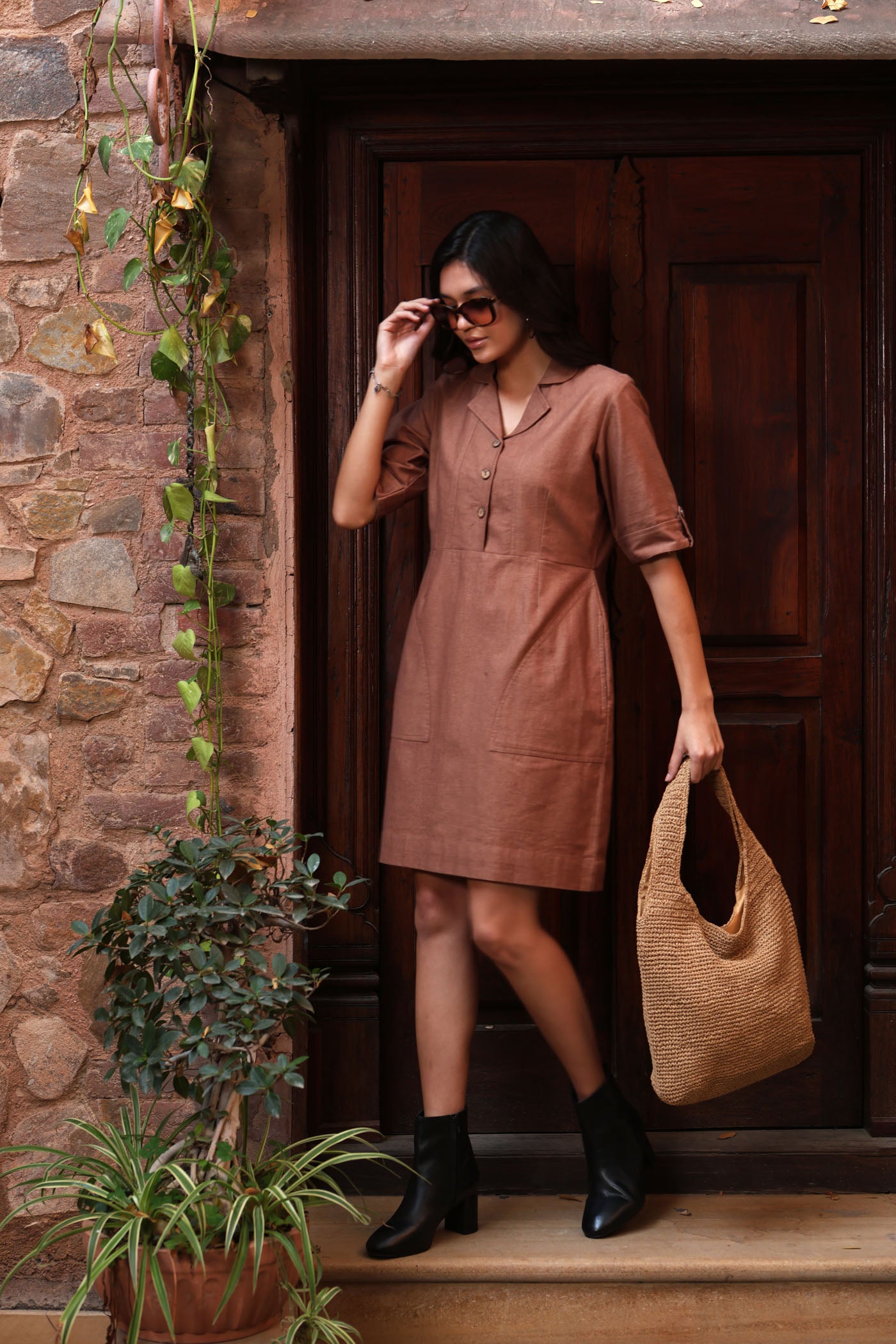 Brown Pure Linen-Cotton Collared Short Dress With Coconut Buttons & Front Pockets