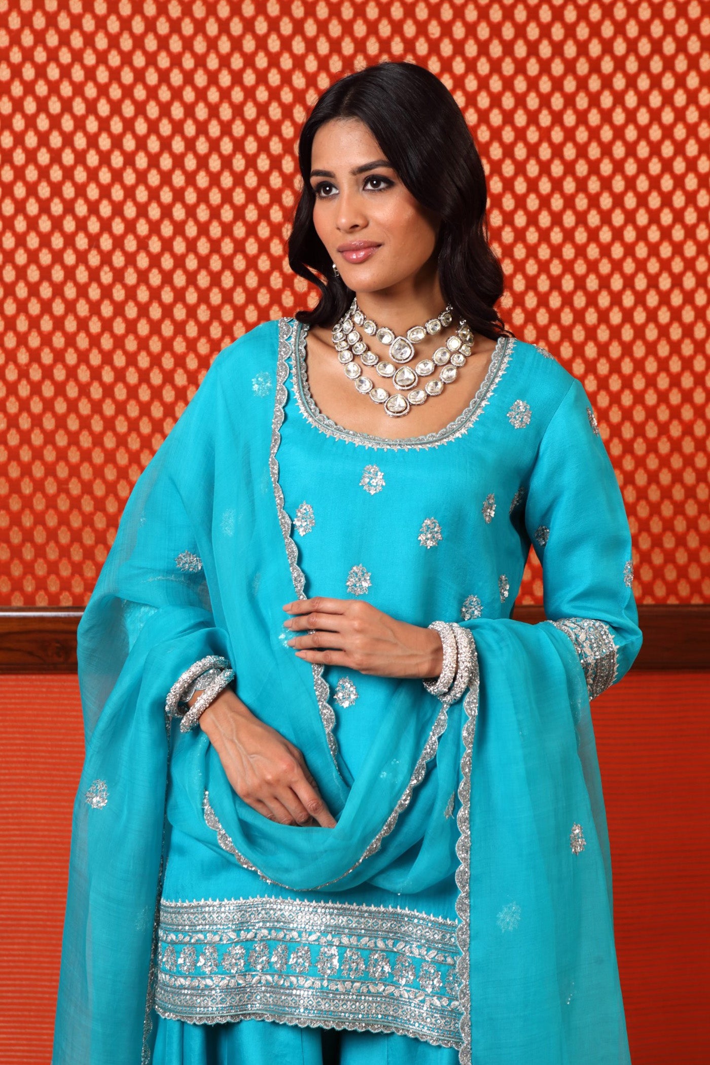 Hand Embroidered Sea Blue Pure Silk Organza Short Kurta Sharara Set