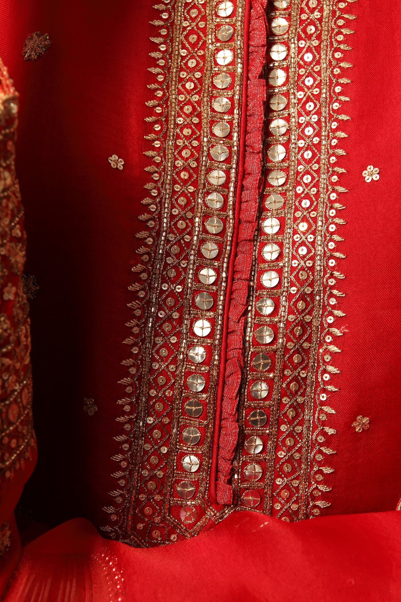 Hand Embroidered Tango Red Pure Silk Organza Long Kurta Sharara Set
