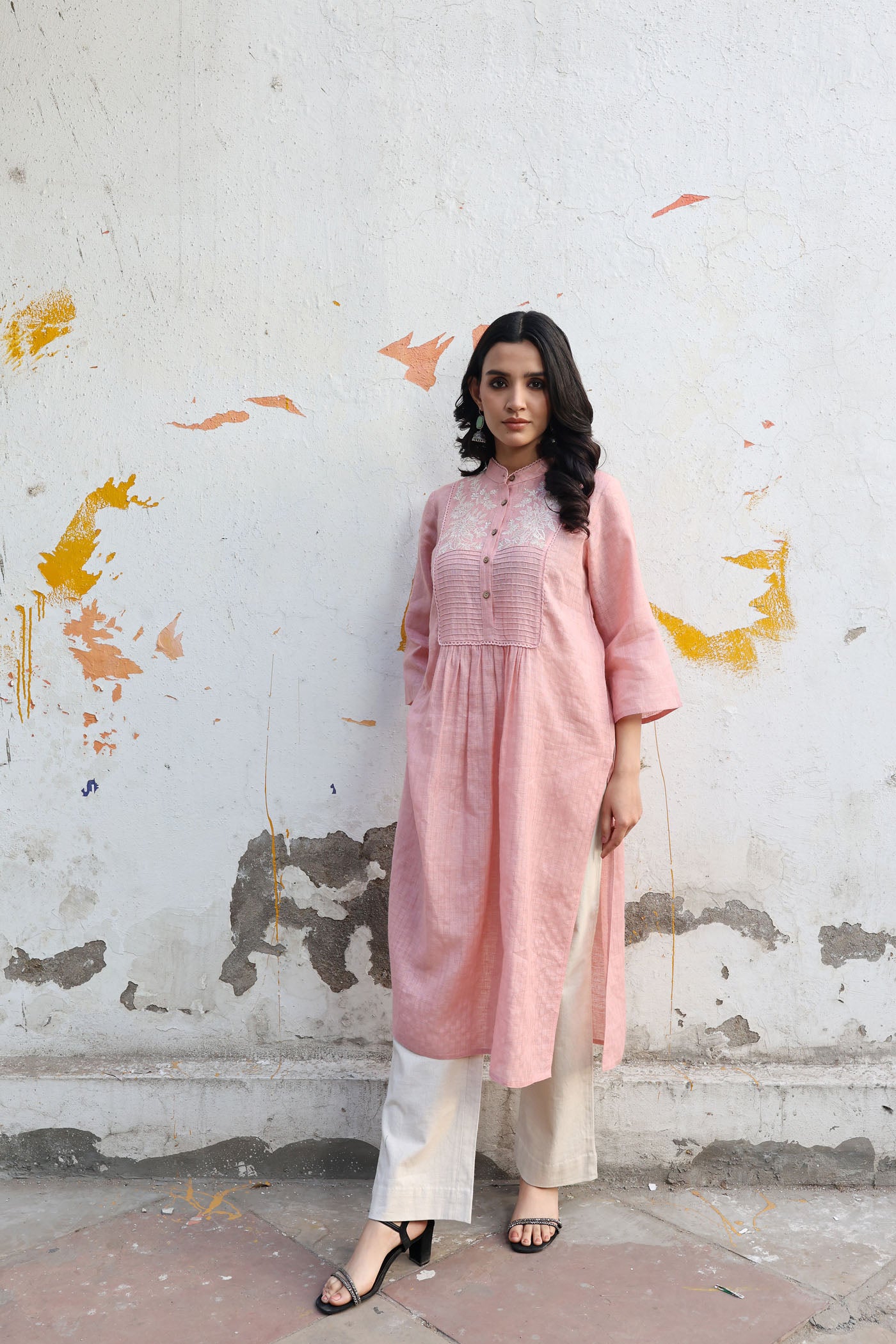 Dusty-Pink Peach Pure Linen (With Metallic Checks & Stripes) Band-Collared With A Pintucked & Embroidered Yoke Kurta-Pants Set