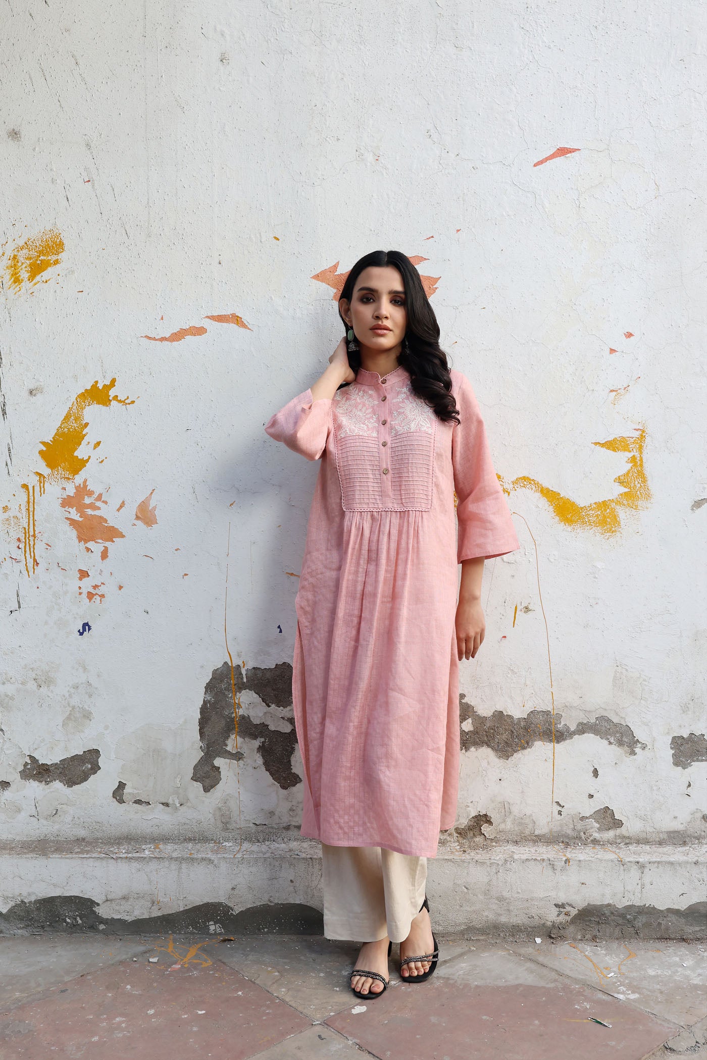 Dusty-Pink Peach Pure Linen (With Metallic Checks & Stripes) Band-Collared With A Pintucked & Embroidered Yoke Kurta-Pants Set