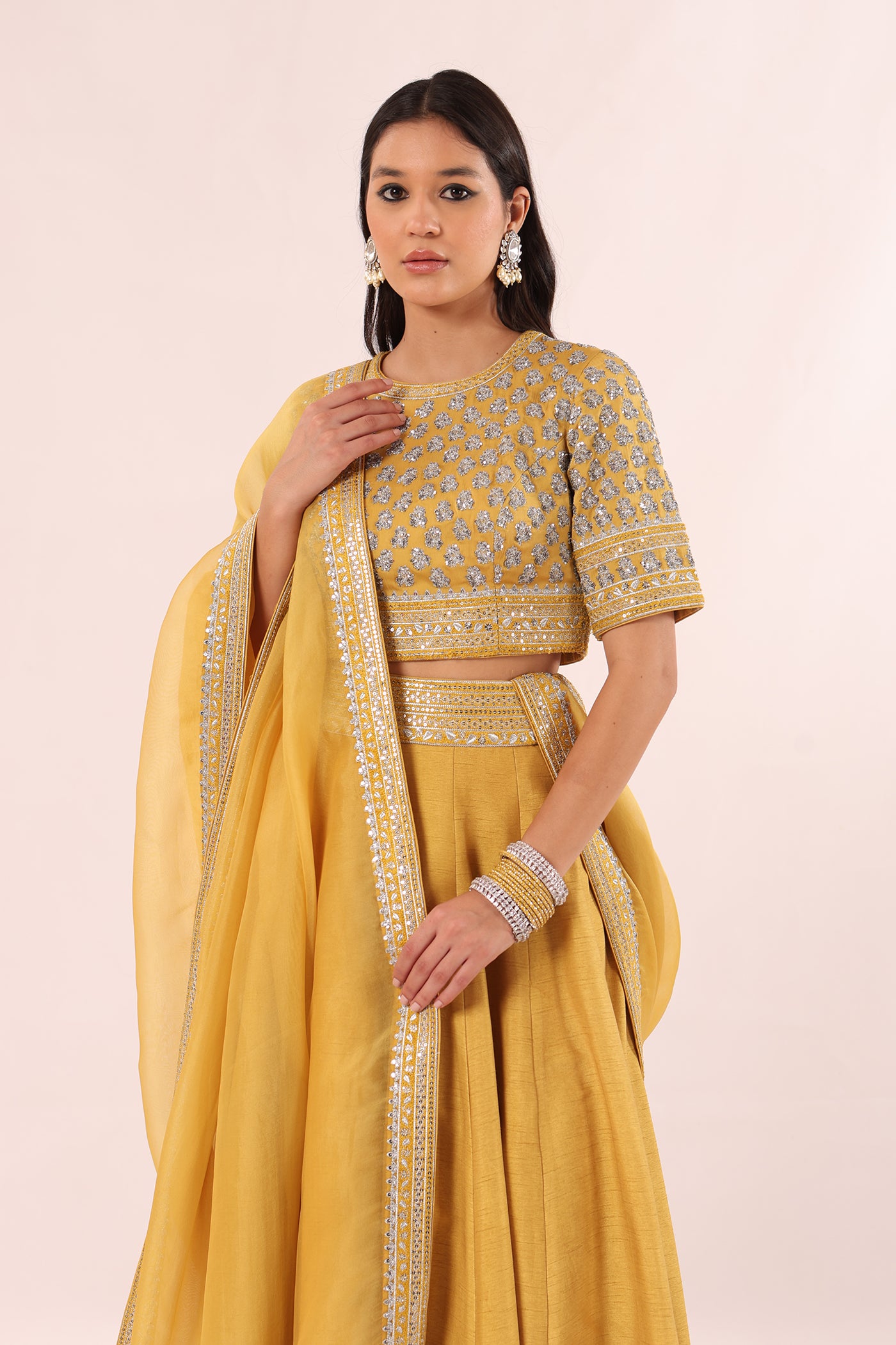 Mustard-Yellow Hand-Embroidered Pure Raw-Silk Lehenga-Blouse-Dupatta Set