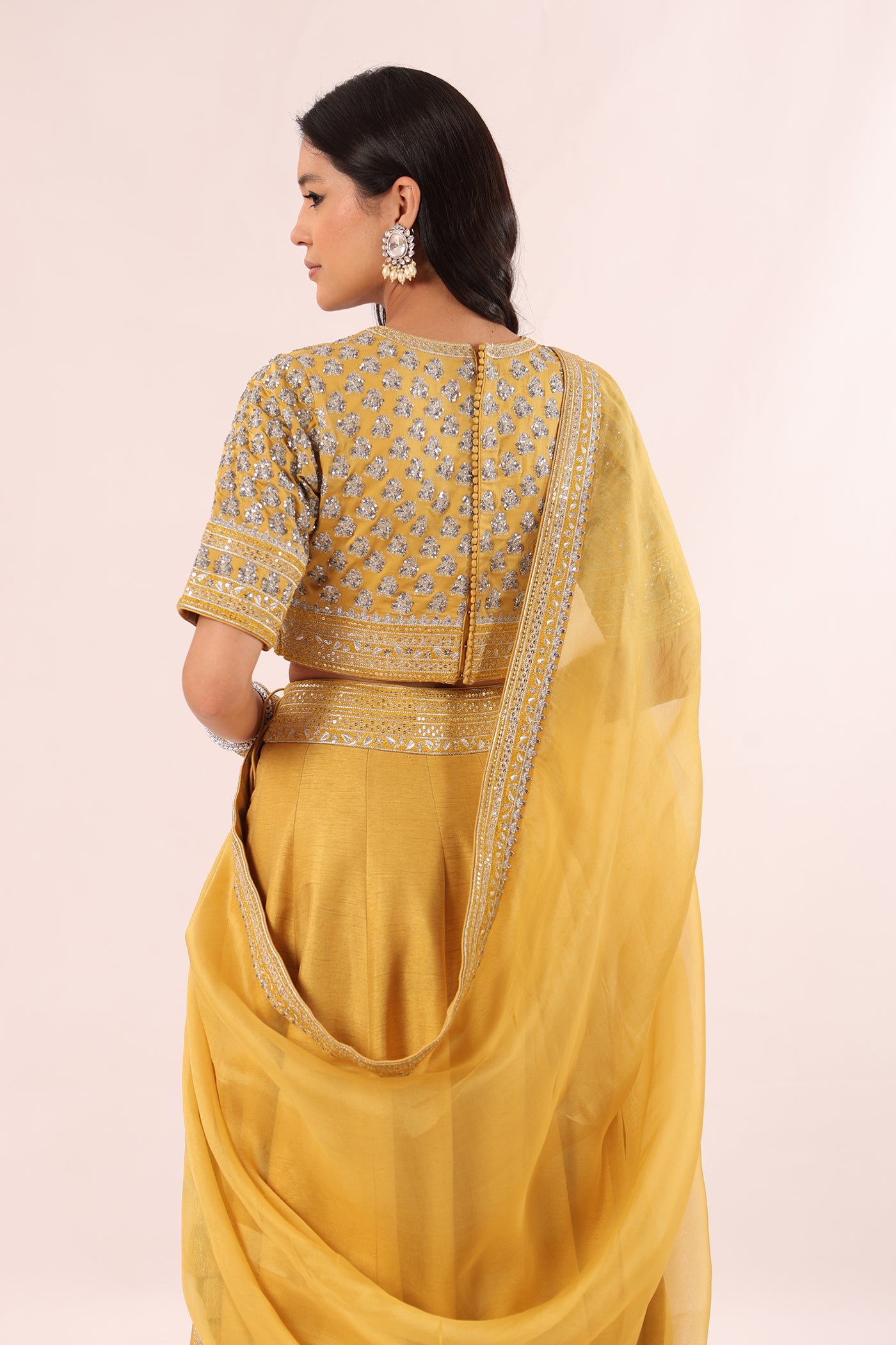 Mustard-Yellow Hand-Embroidered Pure Raw-Silk Lehenga-Blouse-Dupatta Set