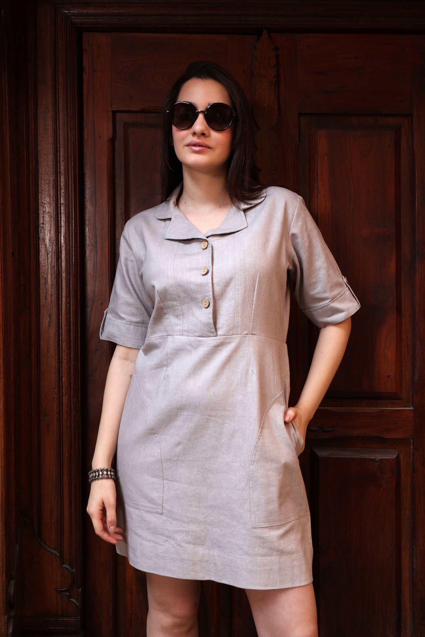 Grey Pure Linen-Cotton Collared Short Dress With Coconut Buttons & Front Pockets