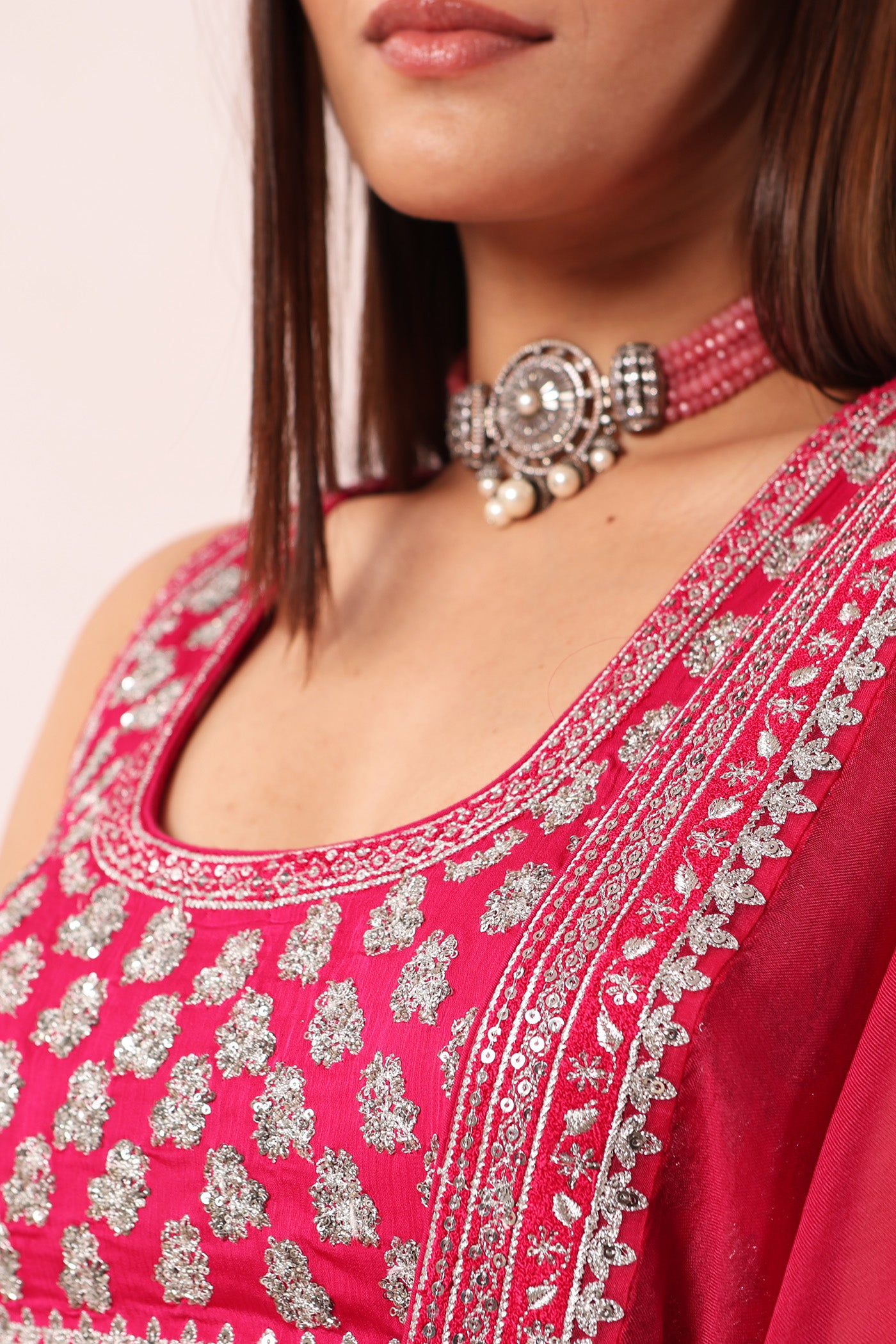 Rani-Pink Hand-Embroidered Pure Raw-Silk Lehenga-Blouse-Dupatta Set