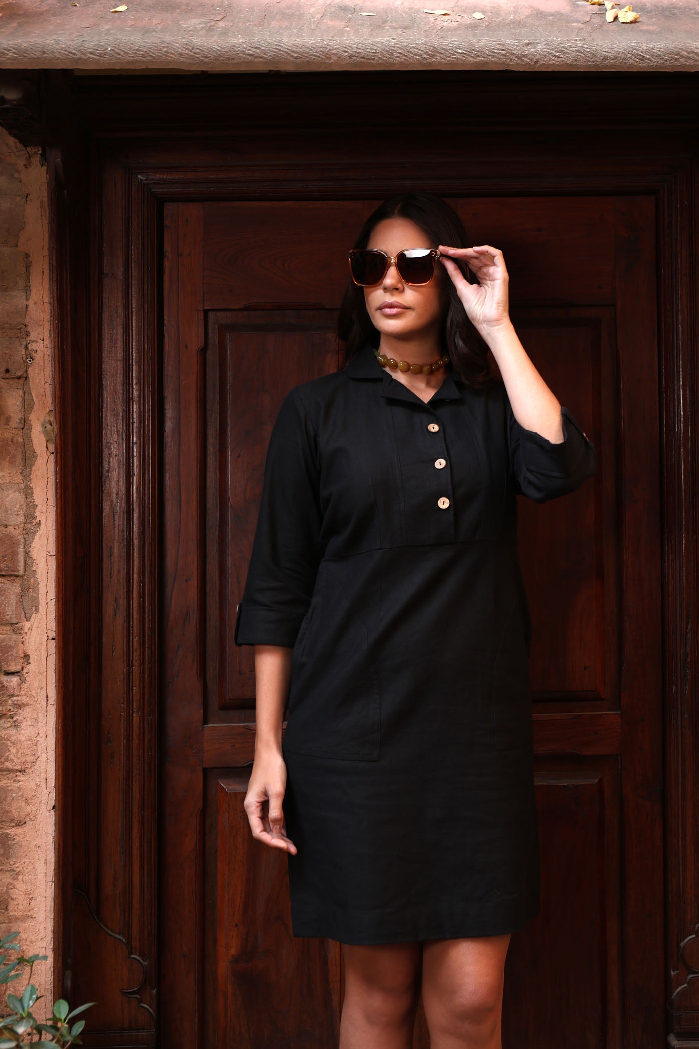Black Pure Linen-Cotton Collared Short Dress With Coconut Buttons & Front Pockets