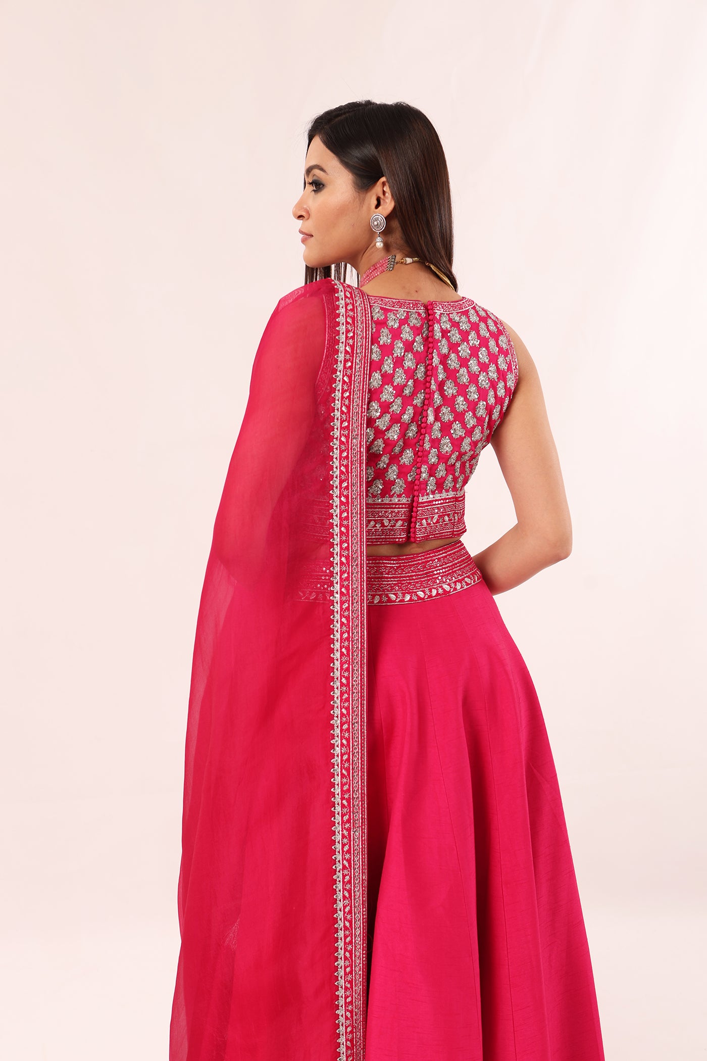 Rani-Pink Hand-Embroidered Pure Raw-Silk Lehenga-Blouse-Dupatta Set