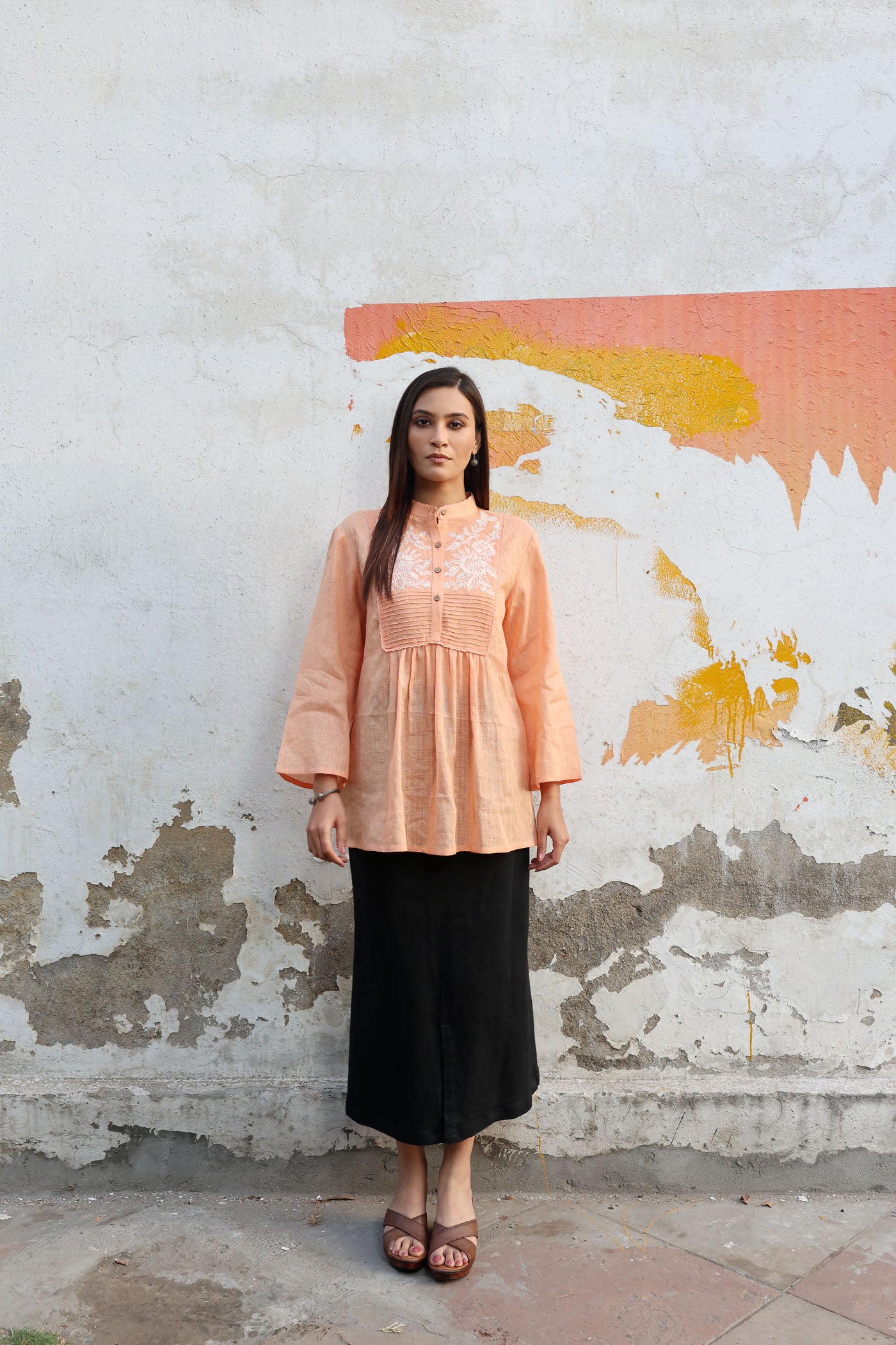 Musk-Melon Peach Pure Linen (With Metallic Checks & Stripes) Band-Collared Short-Blouse With A Pintucked & Embroidered Yoke