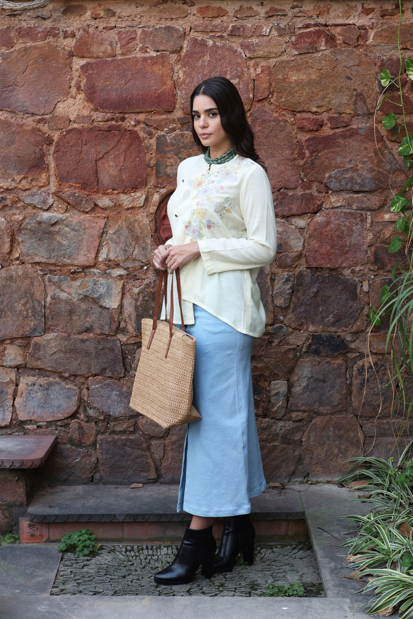Pastel-Yellow Embroidered (Applique & Cutwork) Pure Cotton Band-Collared Short-Blouse With An Asymmetrical Front Opening