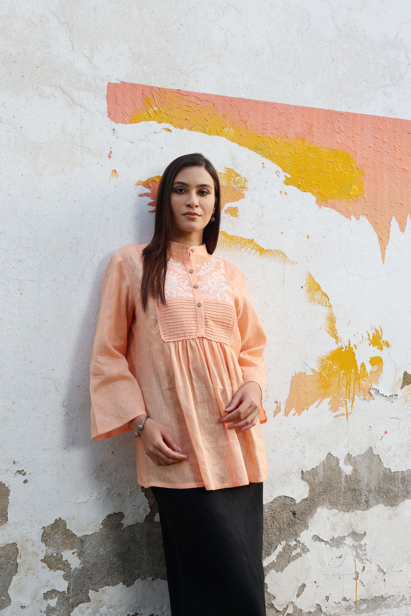 Musk-Melon Peach Pure Linen (With Metallic Checks & Stripes) Band-Collared Short-Blouse With A Pintucked & Embroidered Yoke