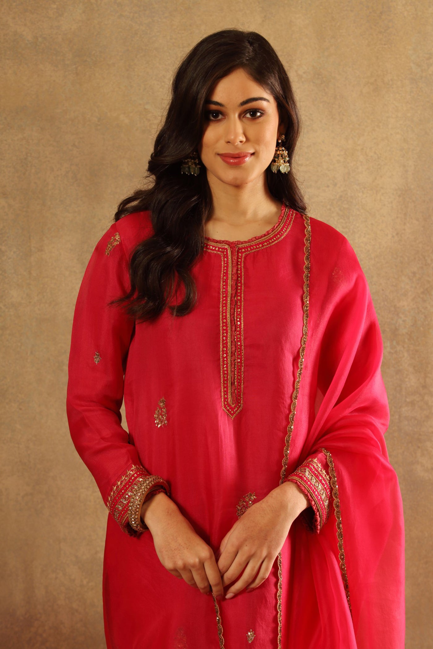 Hand Embroidered Fuchsia Pink Pure Silk Organza Kurta Pants Set