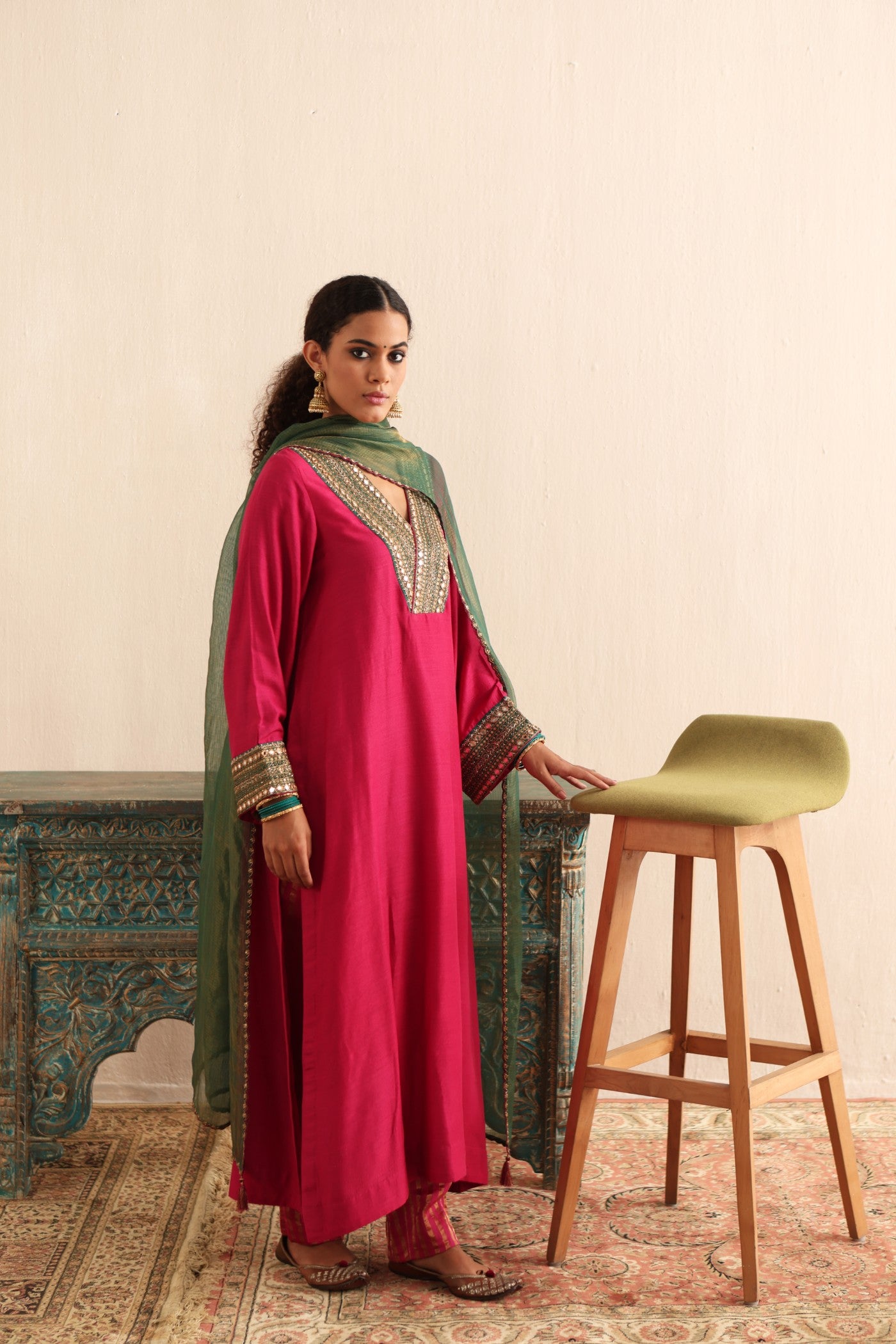 RANI-PINK HAND-EMBROIDERED PURE MUGA-SILK KURTA-PANTS SET WITH GREEN PURE KOTA SILK DUPATTA