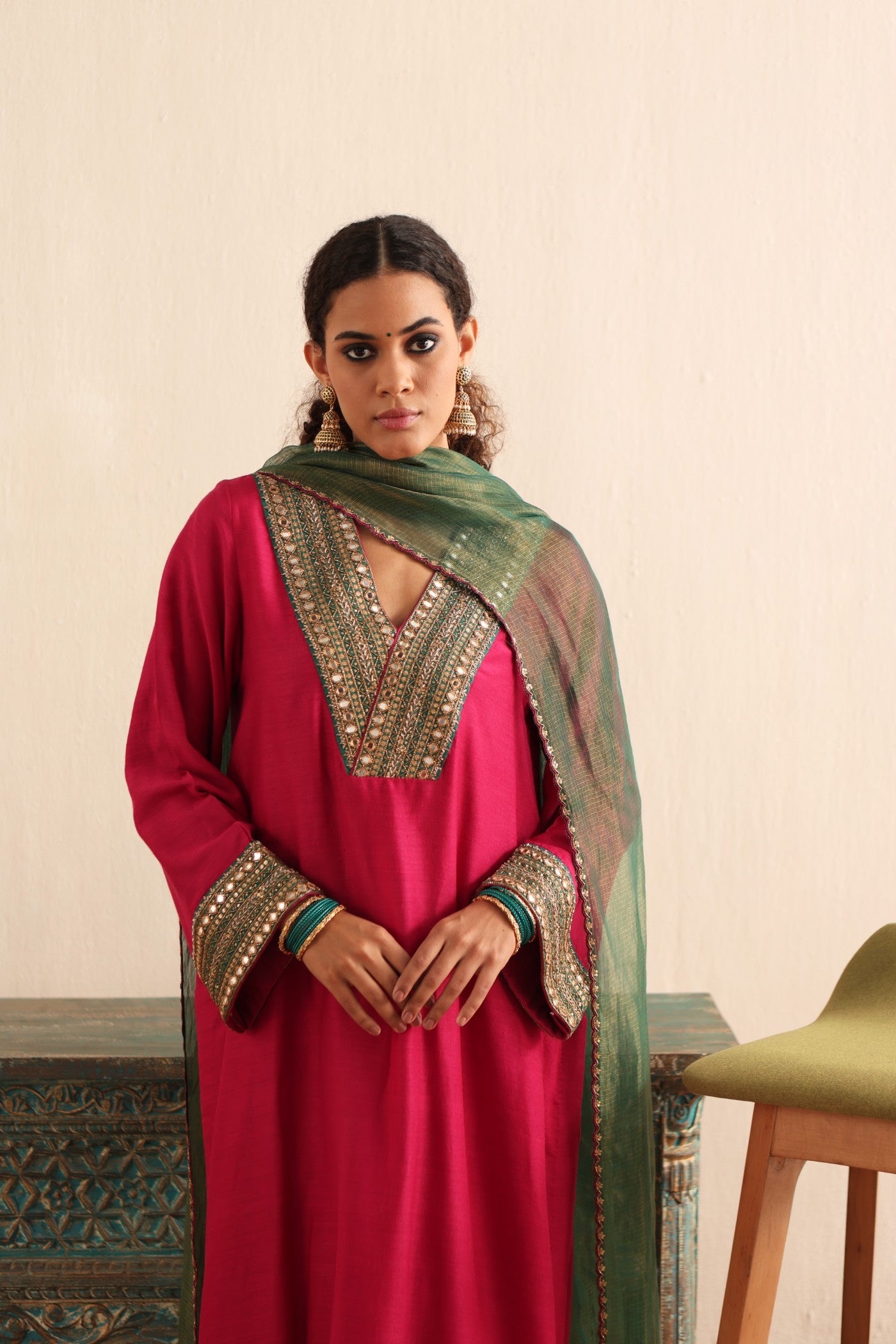 RANI-PINK HAND-EMBROIDERED PURE MUGA-SILK KURTA-PANTS SET WITH GREEN PURE KOTA SILK DUPATTA