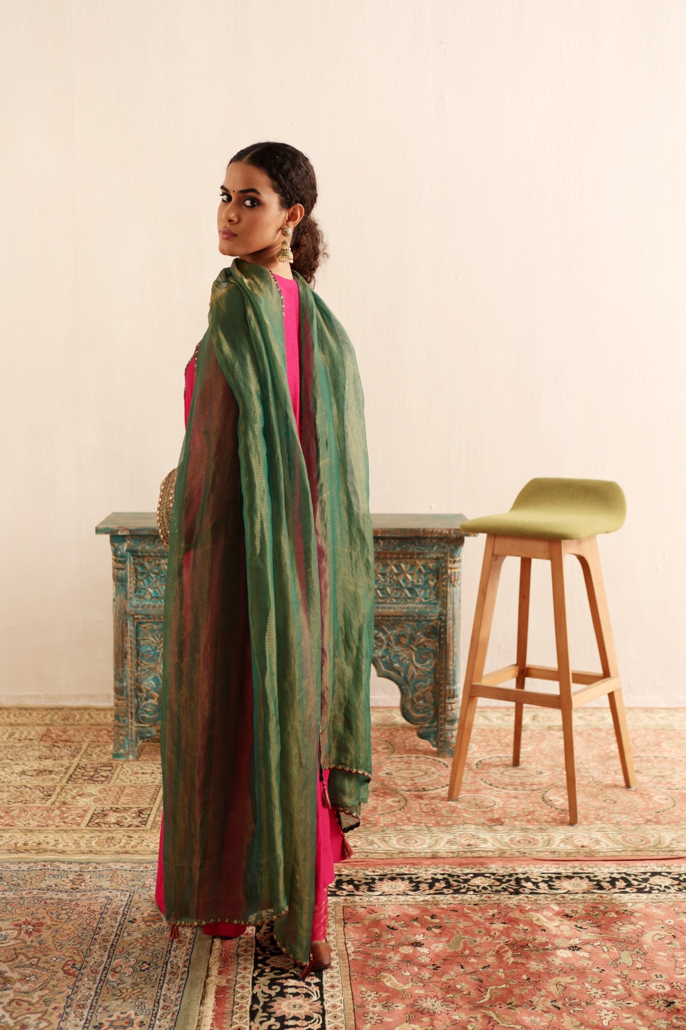 RANI-PINK HAND-EMBROIDERED PURE MUGA-SILK KURTA-PANTS SET WITH GREEN PURE KOTA SILK DUPATTA