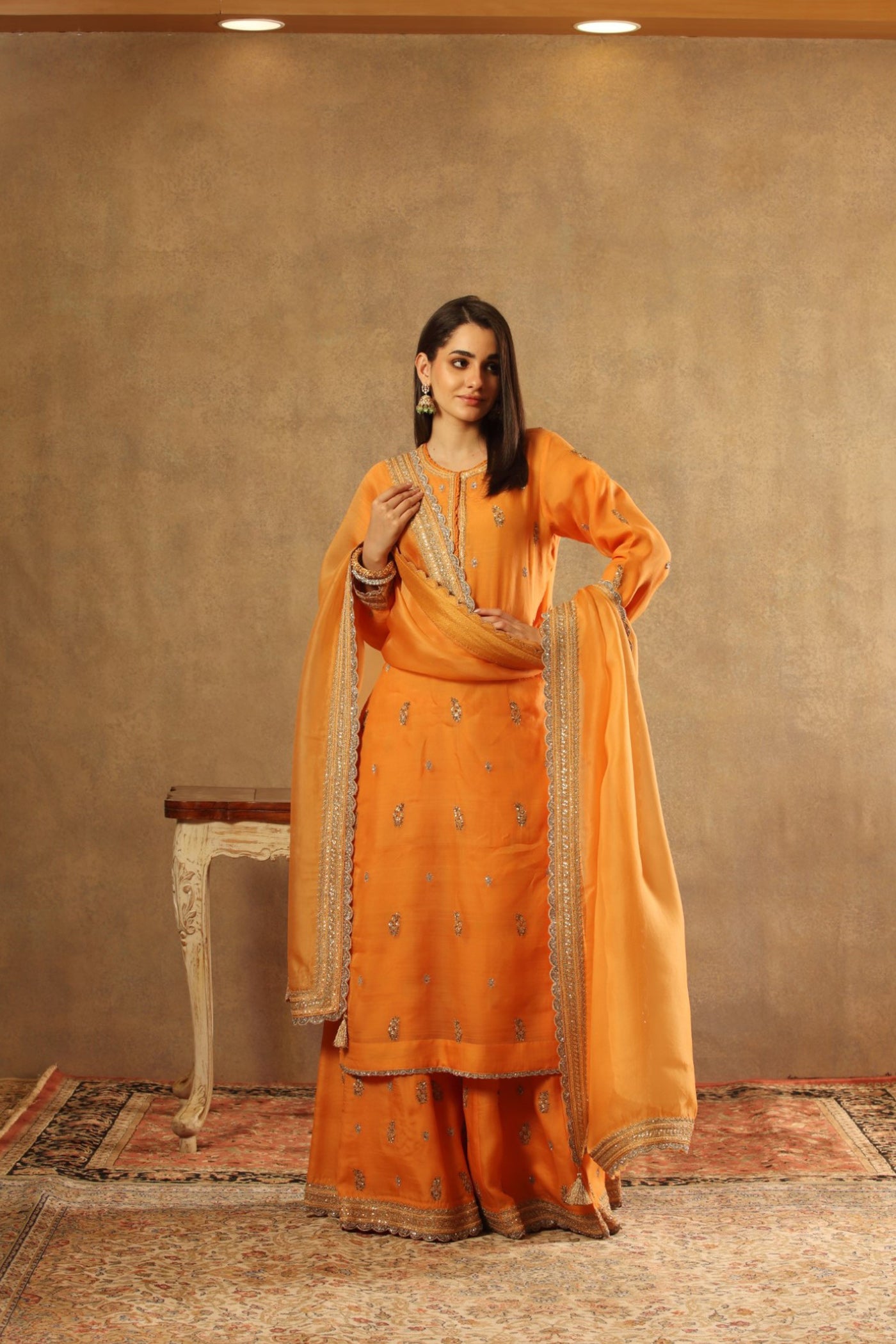 Hand Embroidered Marigold Orange Pure Katan Silk Kurta Sharara Set