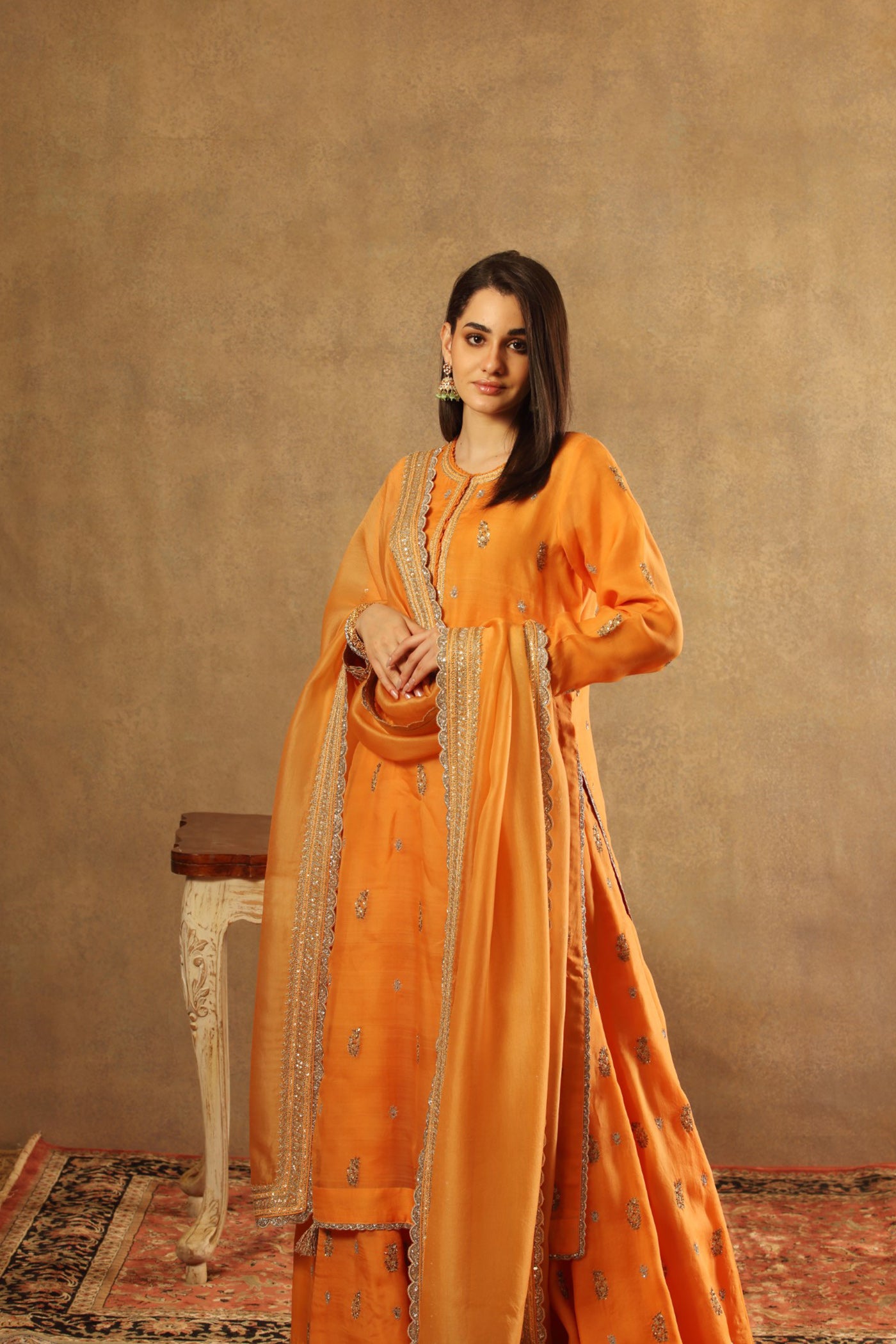 Hand Embroidered Marigold Orange Pure Katan Silk Kurta Sharara Set