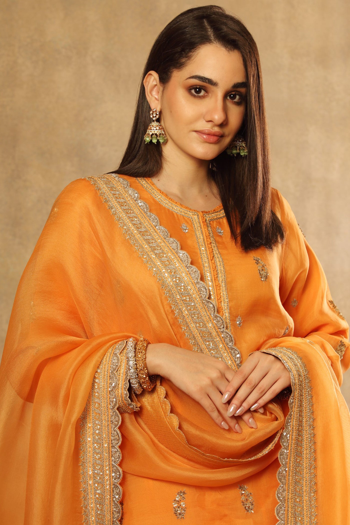 Hand Embroidered Marigold Orange Pure Katan Silk Kurta Sharara Set