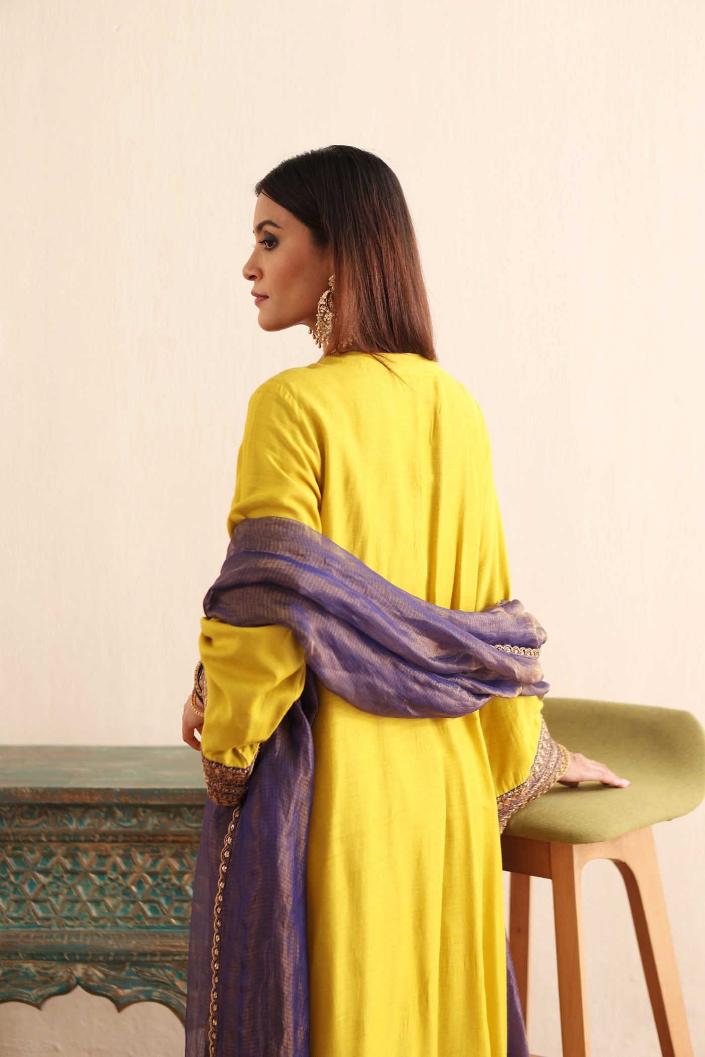 LIME-GREEN HAND-EMBROIDERED PURE MUGA-SILK KURTA-PANTS SET WITH PURPLE PURE KOTA SILK DUPATTA