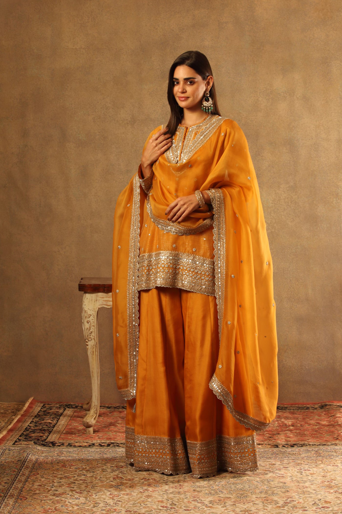 Hand Embroidered Mango Yellow Pure Katan Silk Kurta Sharara Set