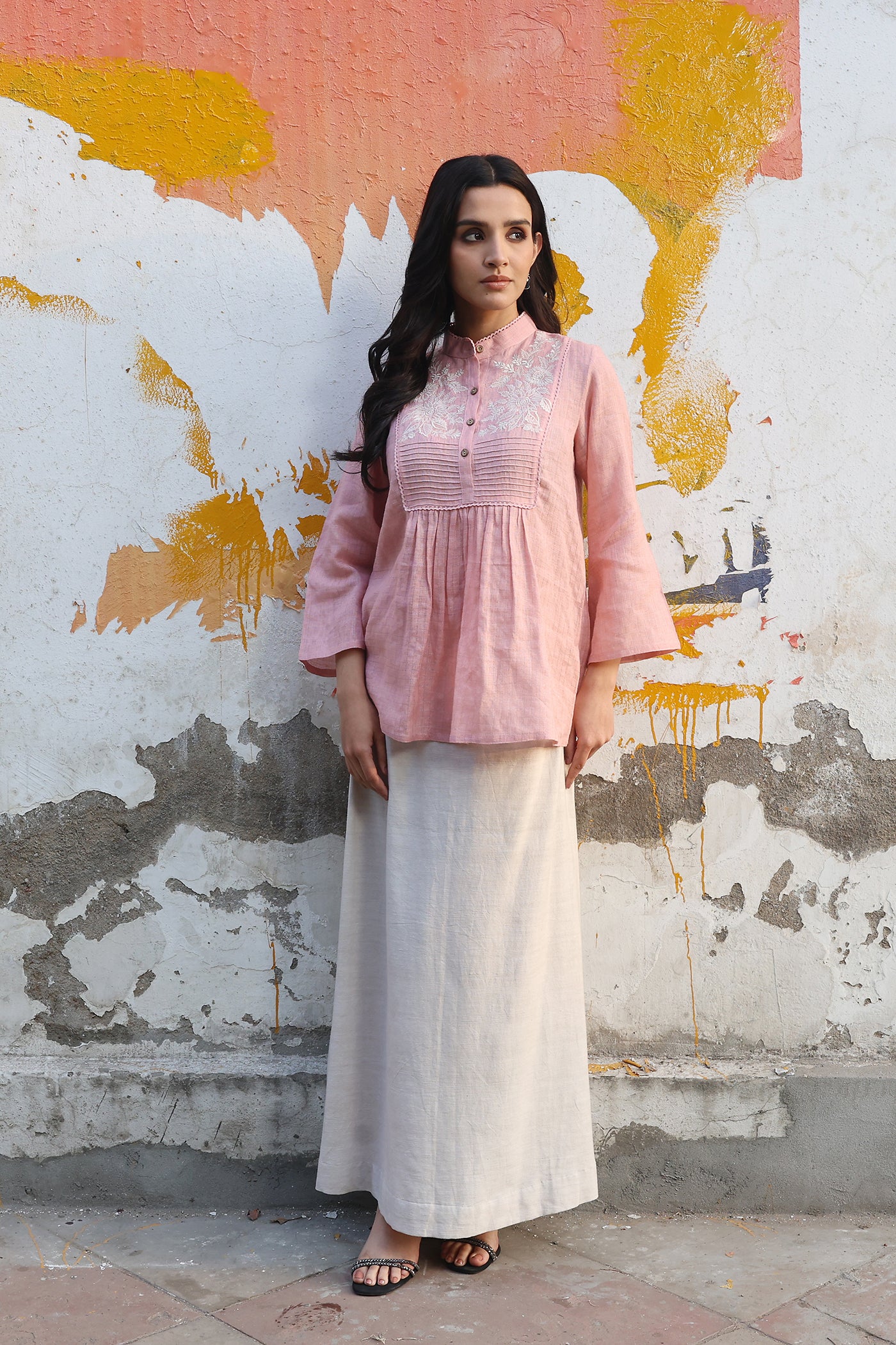 Dusty-Pink Pure Linen (With Metallic Checks & Stripes) Band-Collared Short-Blouse With A Pintucked & Embroidered Yoke