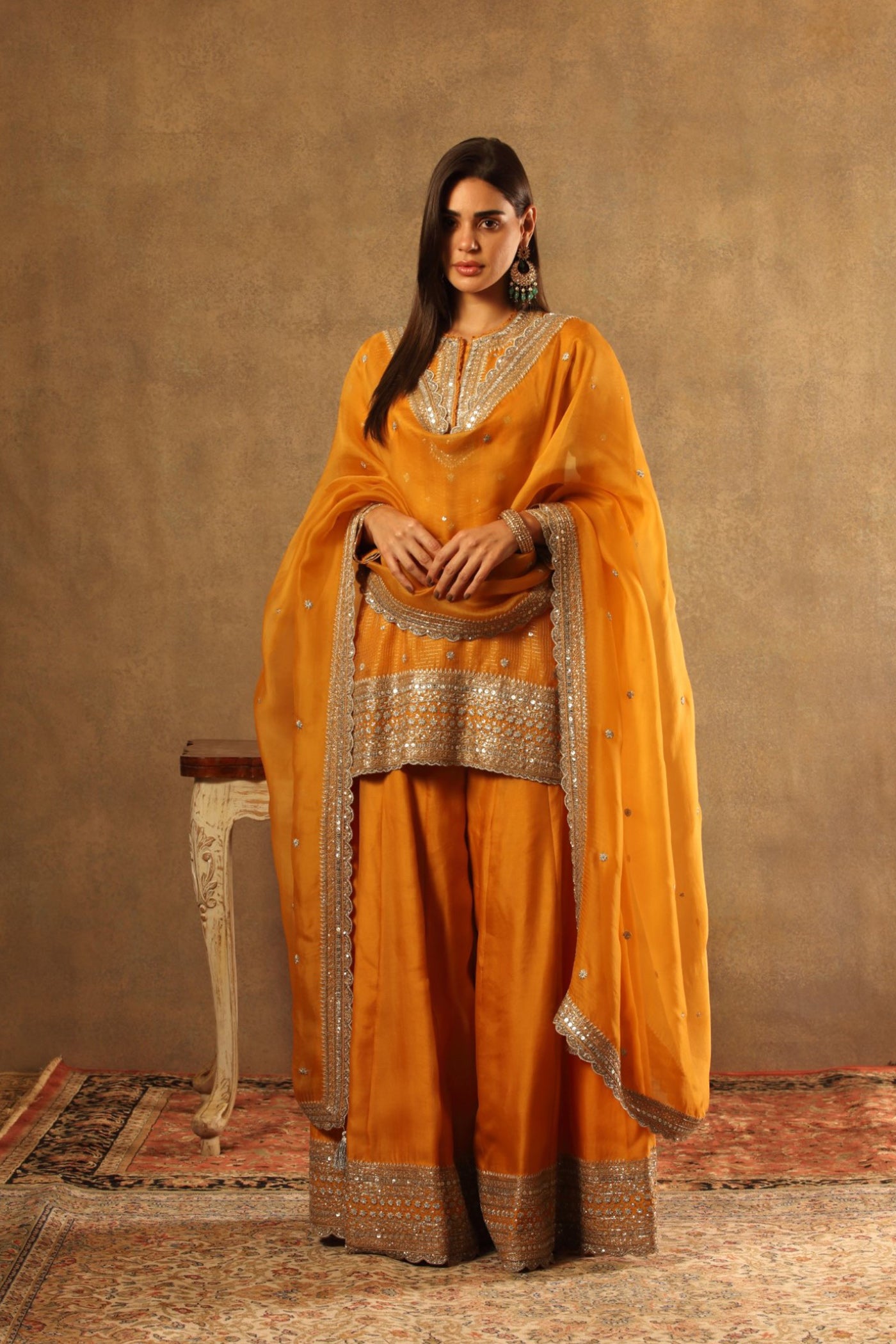 Hand Embroidered Mango Yellow Pure Katan Silk Kurta Sharara Set