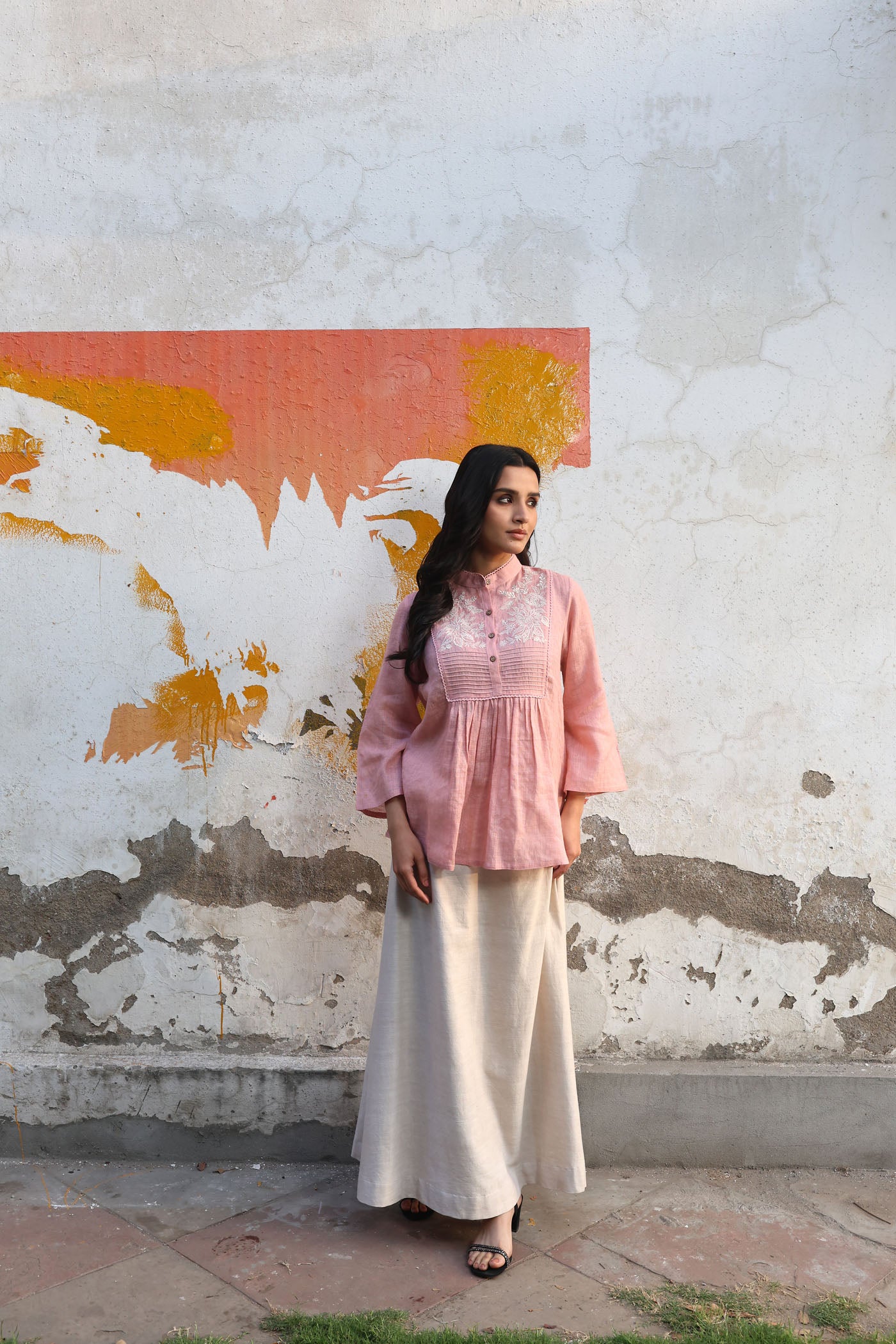 Dusty-Pink Pure Linen (With Metallic Checks & Stripes) Band-Collared Short-Blouse With A Pintucked & Embroidered Yoke