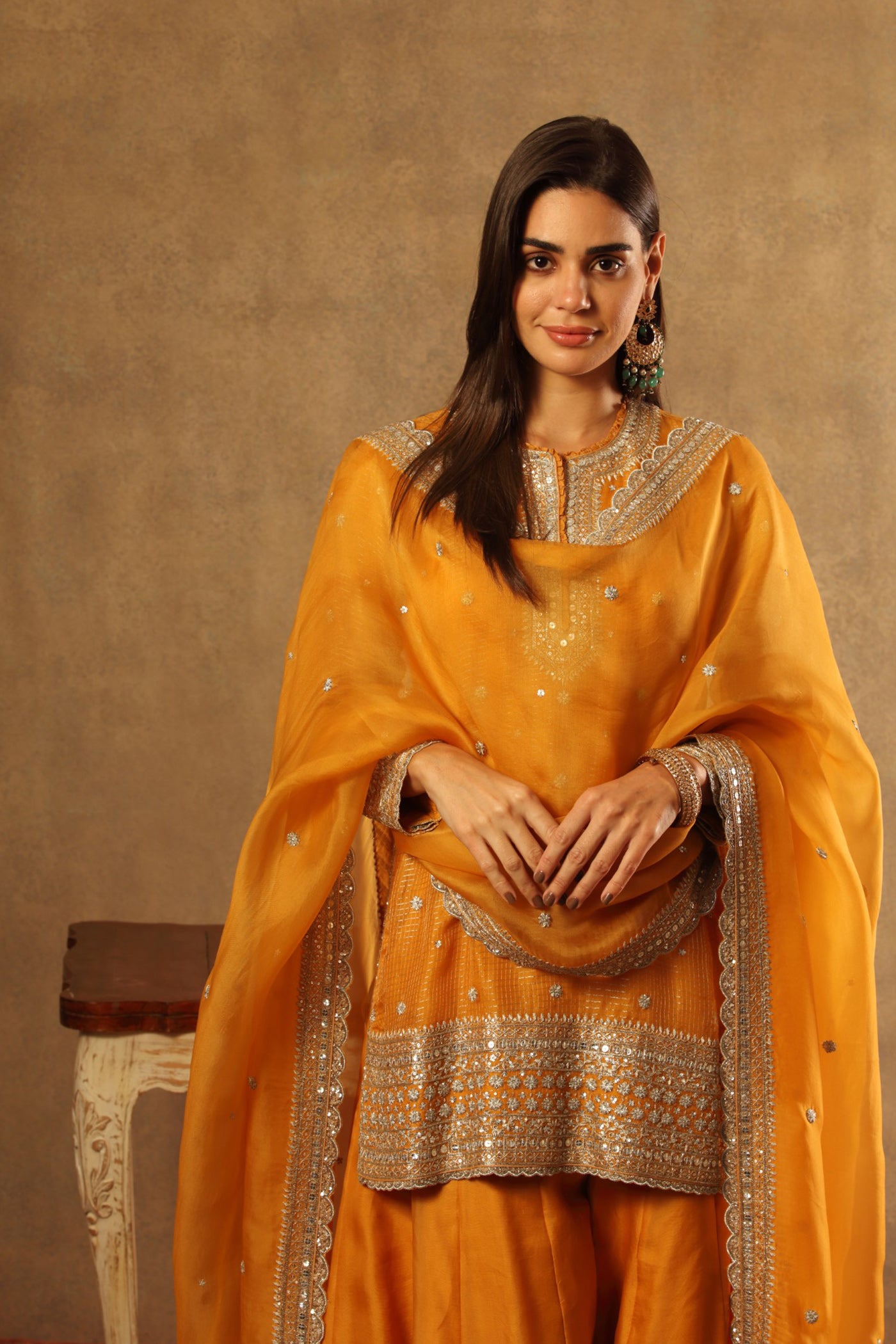 Hand Embroidered Mango Yellow Pure Katan Silk Kurta Sharara Set