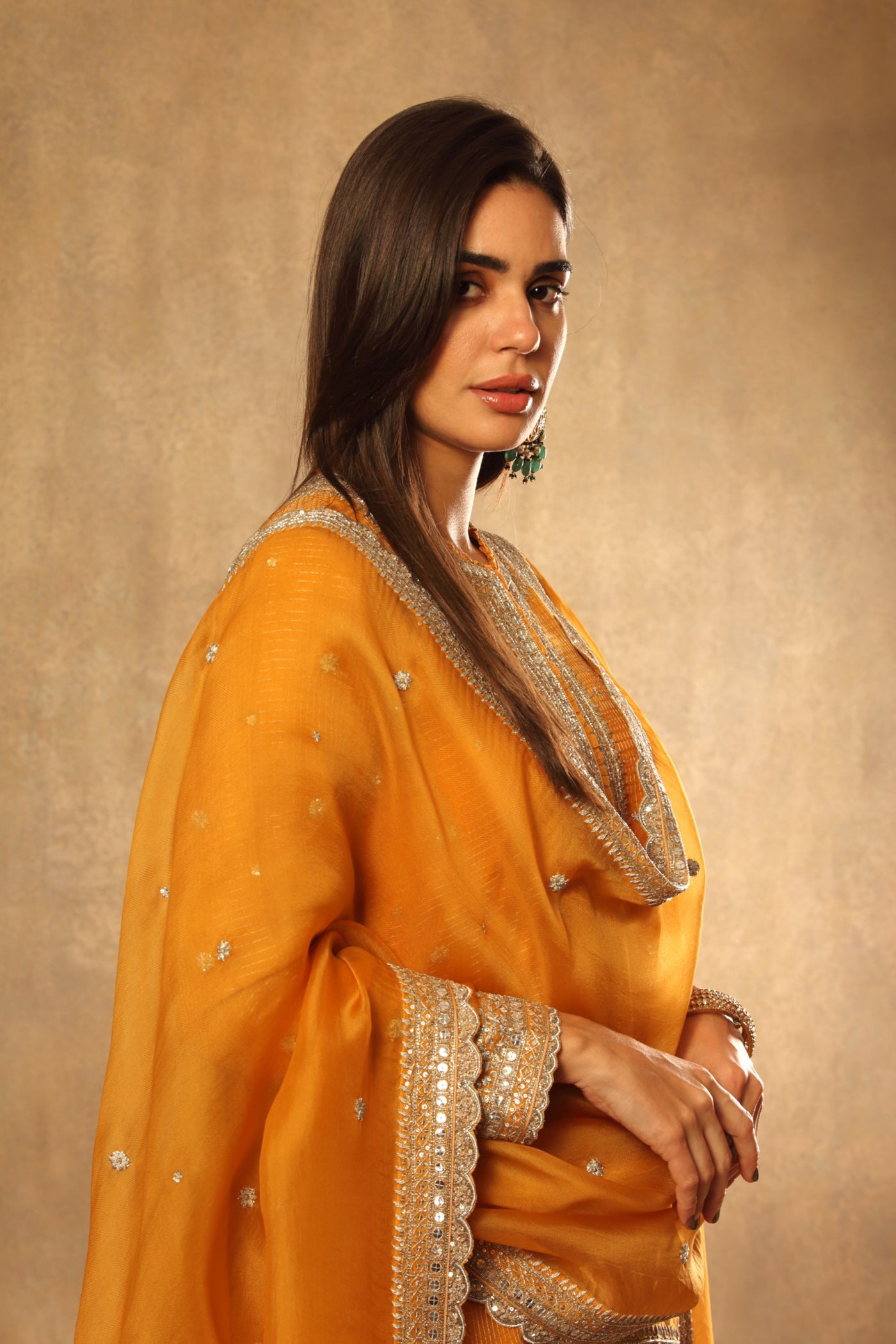 Hand Embroidered Mango Yellow Pure Katan Silk Kurta Sharara Set