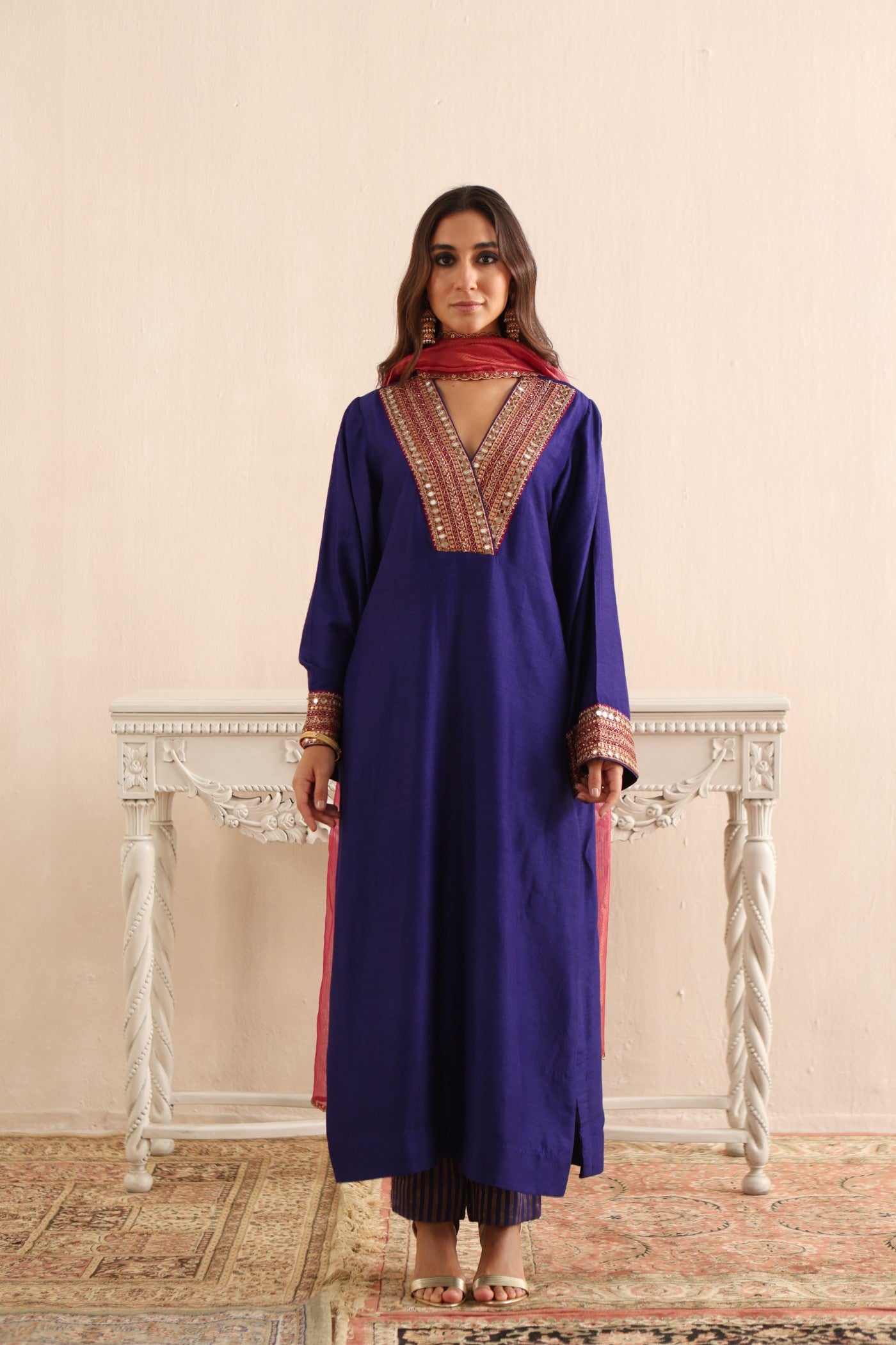 ROYAL-BLUE HAND-EMBROIDERED PURE MUGA-SILK KURTA-PANTS SET WITH PINK PURE KOTA SILK DUPATTA